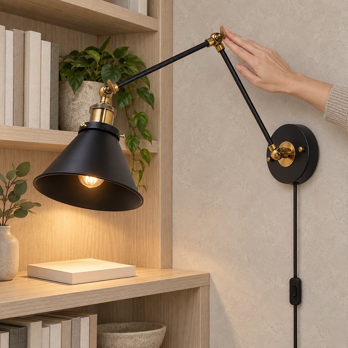 Sonatire black wall light jointed swing arm adjusted by a hand in a library