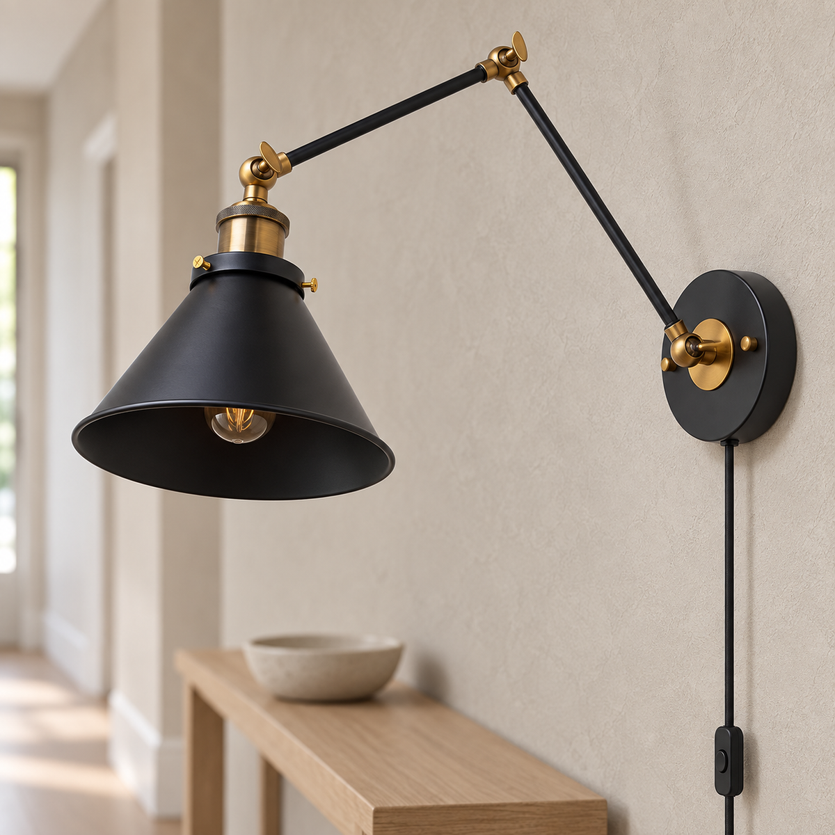 Sonatire black wall sconce cone shade and gold colored joints seen close up