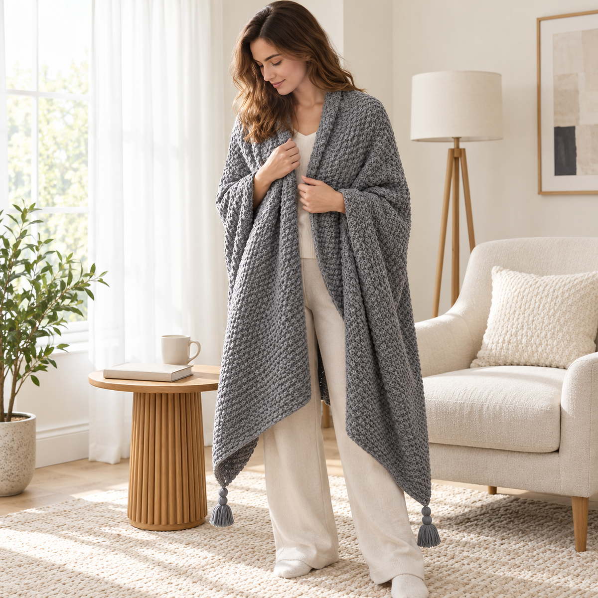 Soralvi gray knit throw blanket wrapped around the shoulders of an adult in a bright sitting room
