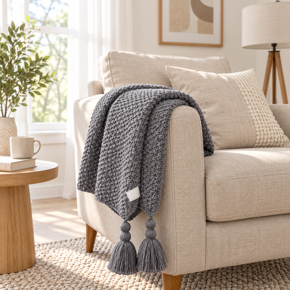 Soralvi gray soft throw blanket with raised stitches folded over an armchair in a bright study
