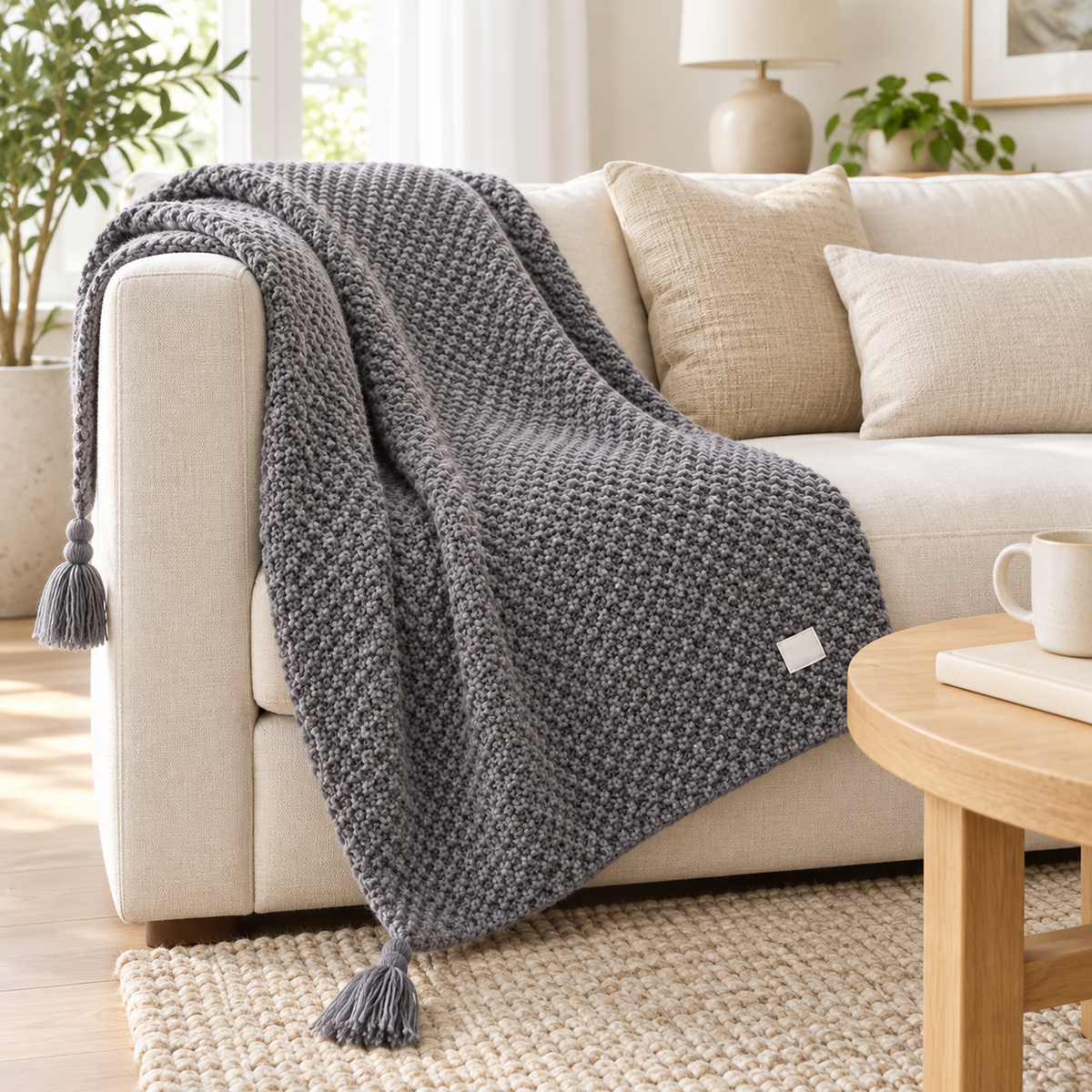 Soralvi gray throw blanket for couch draped over the arm of an ivory sofa in a living room