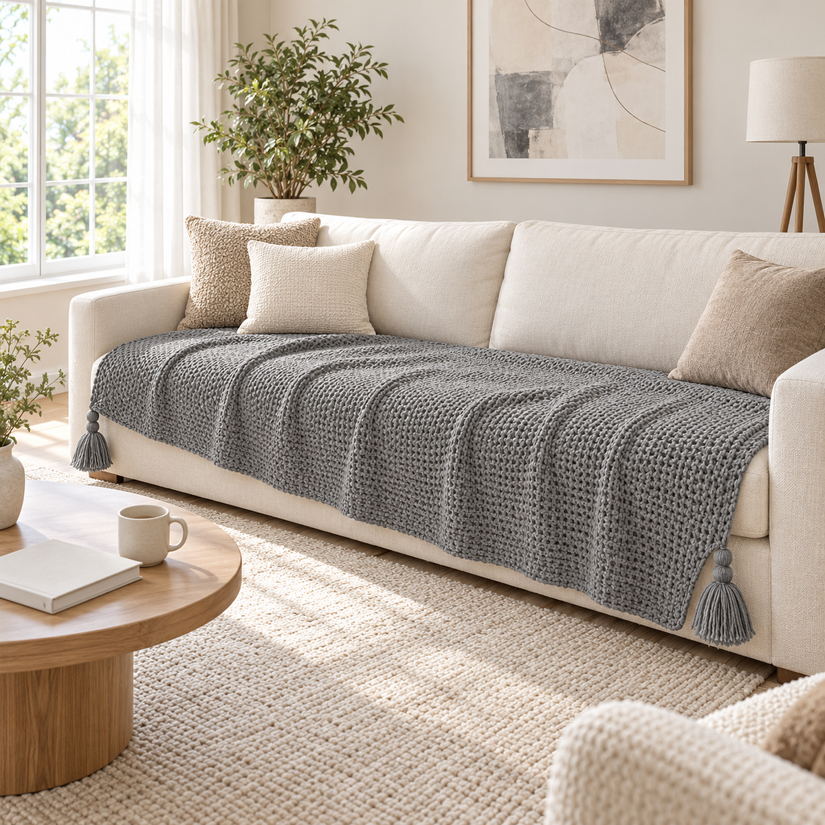 Soralvi gray throw blanket for couch laid lengthwise along the seat of an ivory sofa