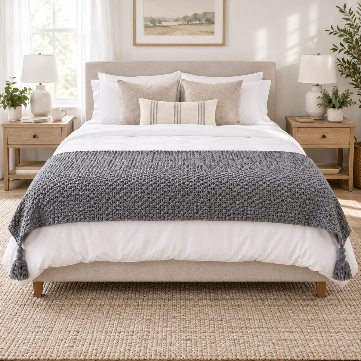 Soralvi gray throw blanket in the bedside size open across the foot of a made bed