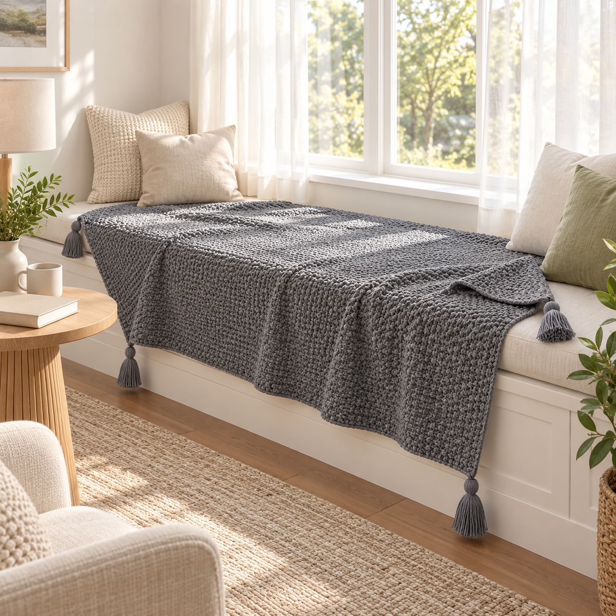 Soralvi gray throw blanket spread open on a sunroom window seat with a corner tassel hanging