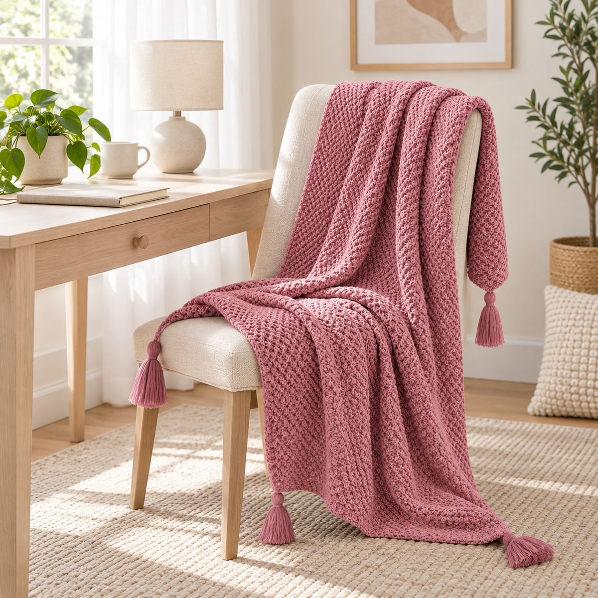 Soralvi pink knit throw blanket draped over an ivory writing chair in a guest writing nook #color_pink