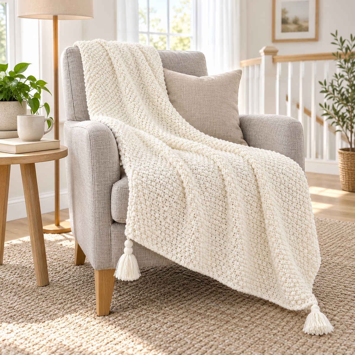 Soralvi white throw blanket for couch draped over a light gray armchair on an upstairs reading landing #color_white