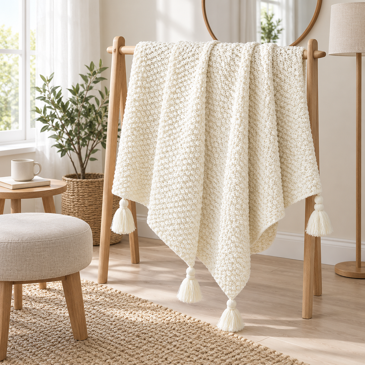 Soralvi white throw blanket hanging loosely over a wooden rail in a guest dressing alcove #color_white