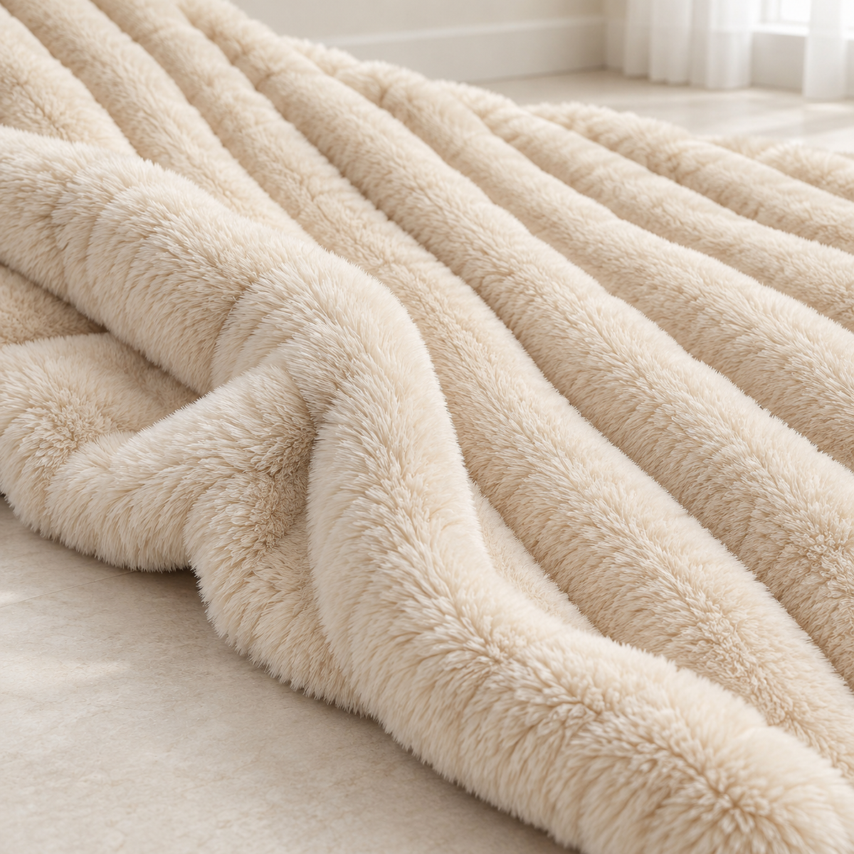 Sorelvi beige faux fur throw blanket close up of the raised ribs and channels in the faux rabbit fur