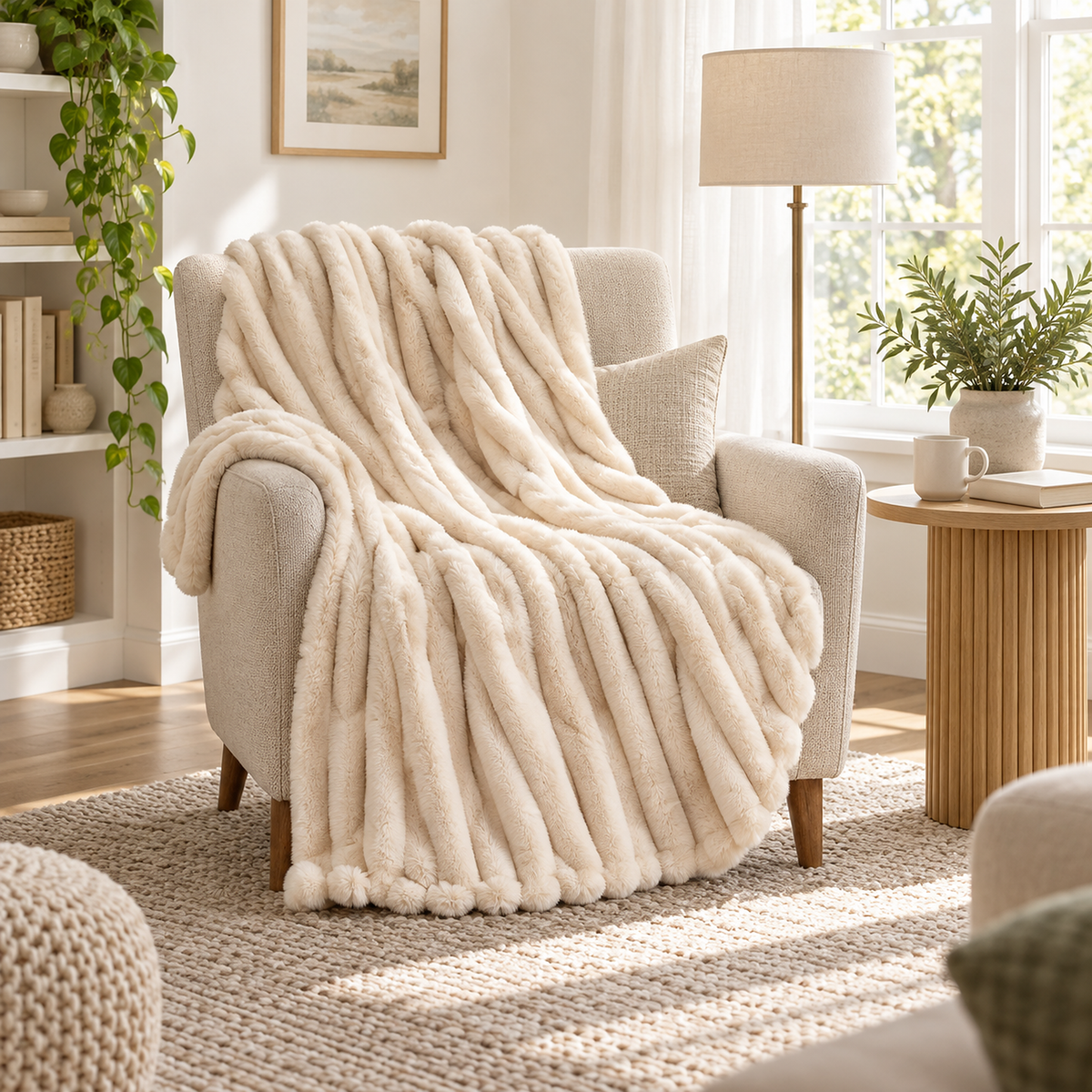 Sorelvi beige faux fur throw blanket draped over an upholstered armchair in a bright reading corner