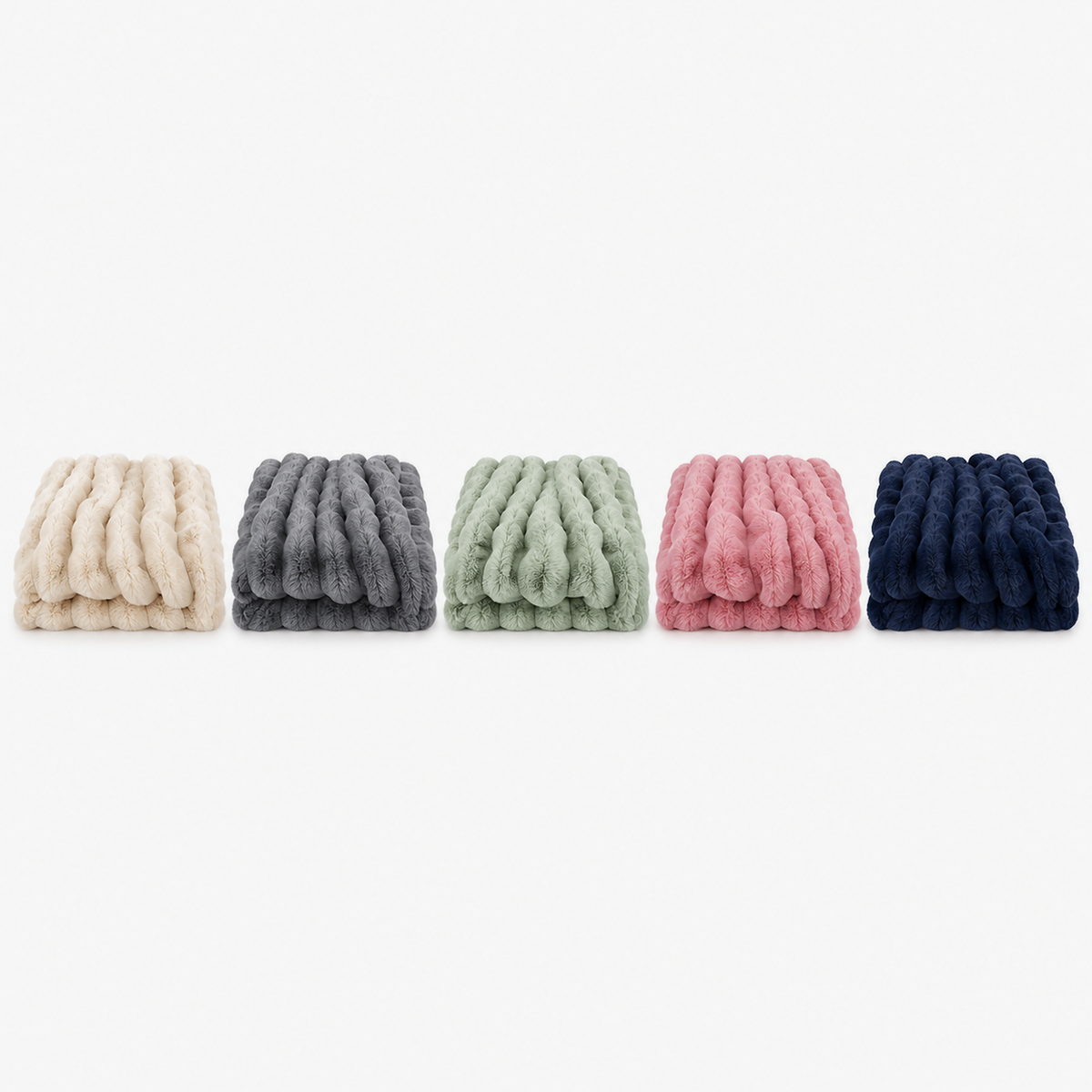 Sorelvi beige, gray, sage green, hot pink and navy blue throw blankets folded on white