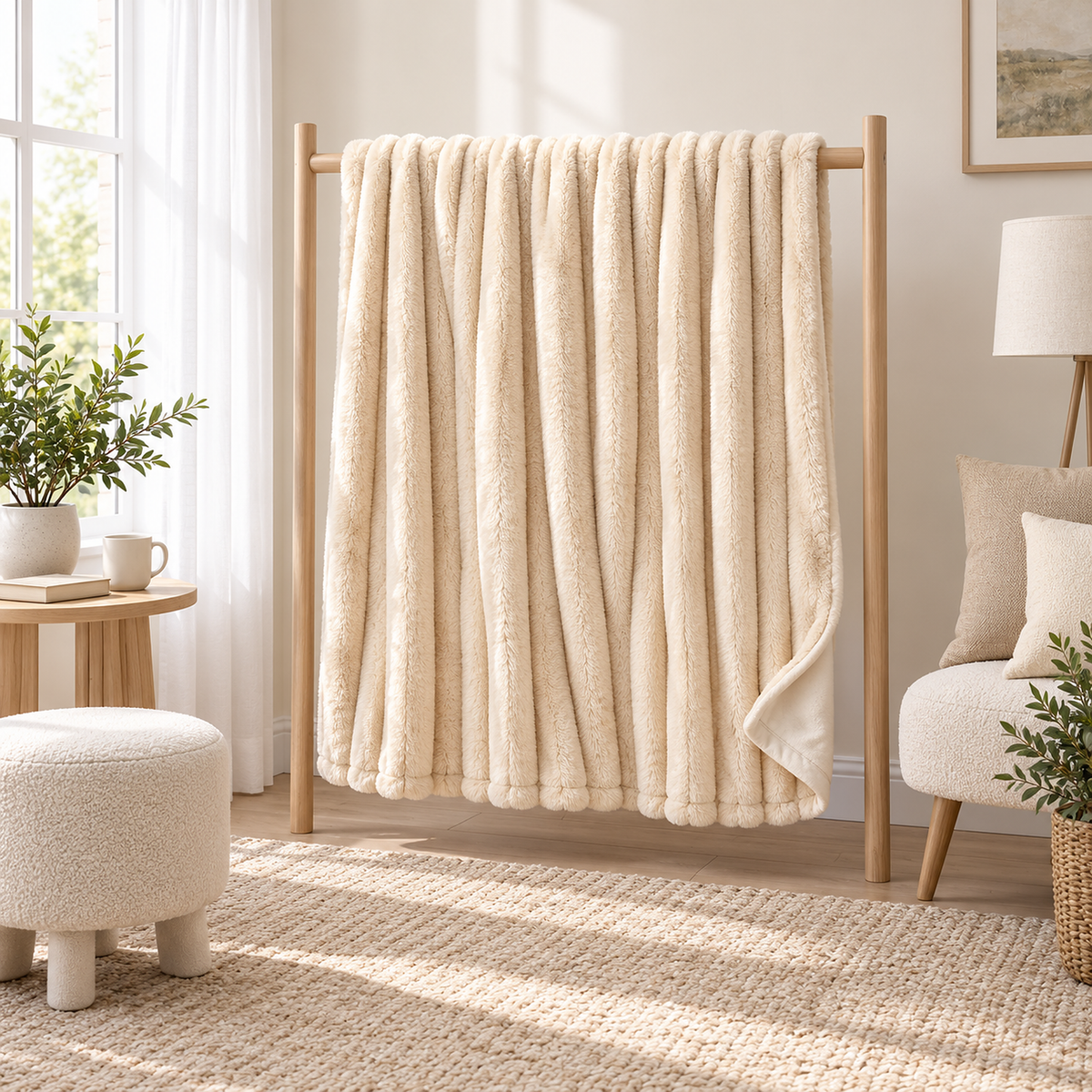 Sorelvi beige plush throw blanket opened out on a wooden rail in an upstairs sitting nook