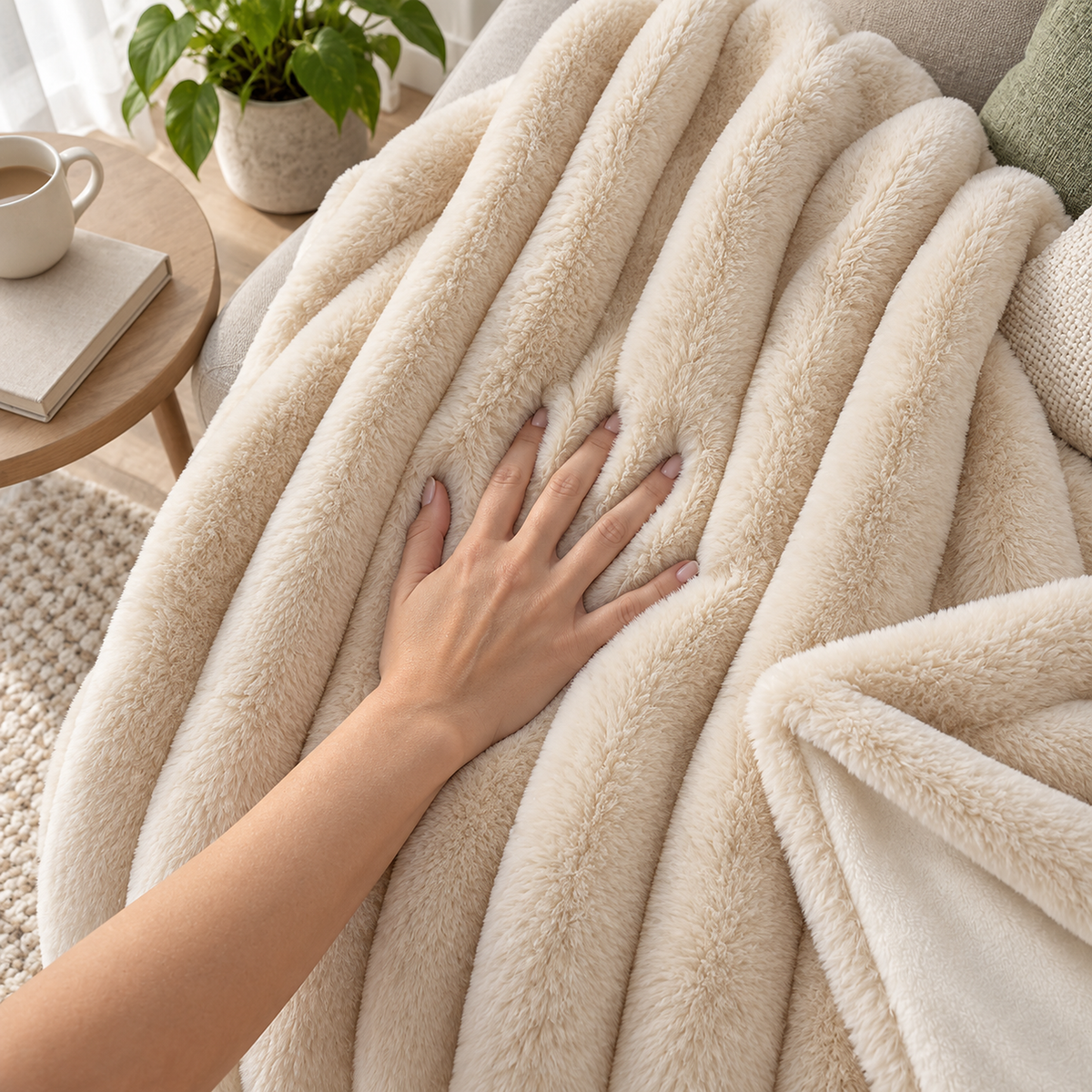 Sorelvi beige soft throw blanket pressed gently by one hand to show the faux fur ribs