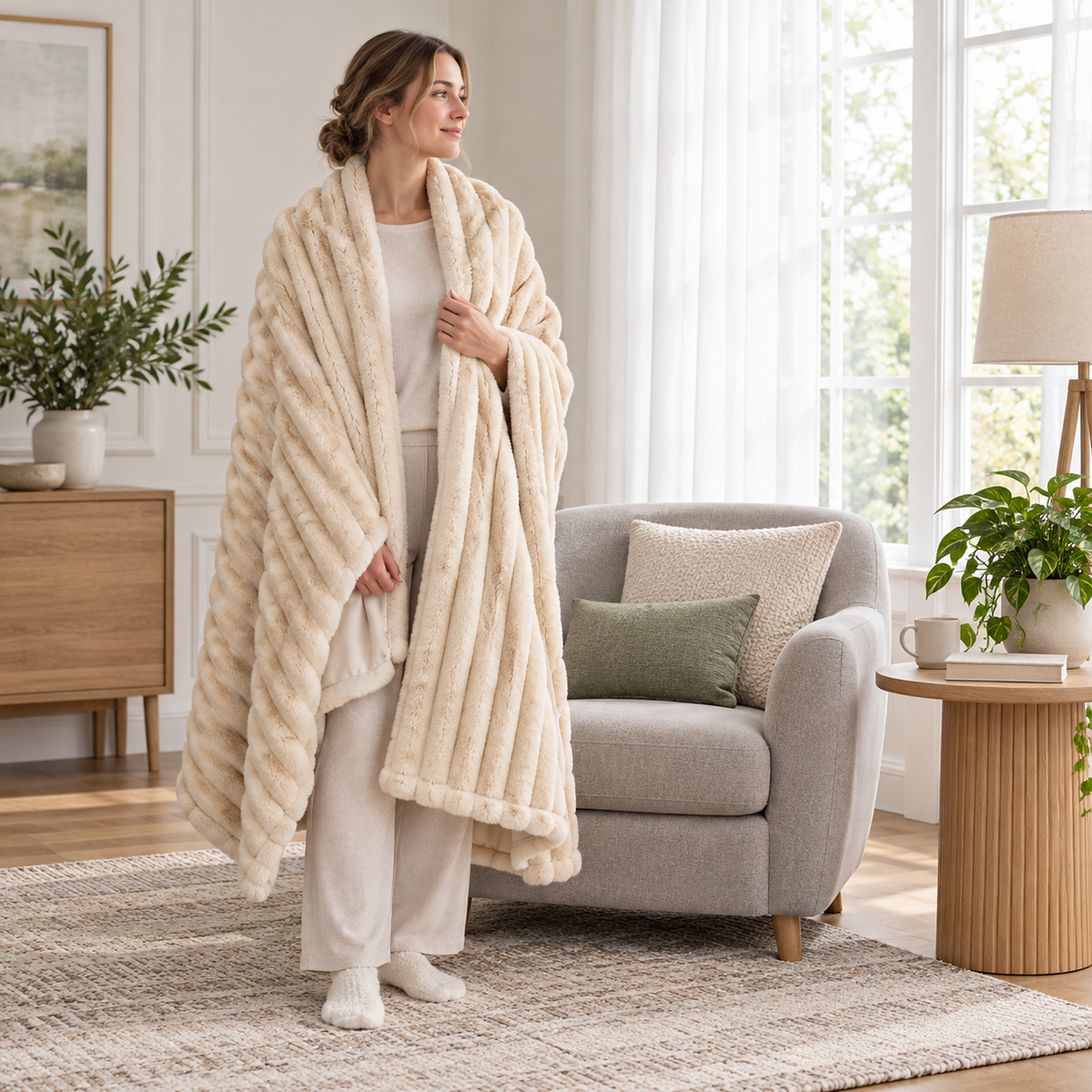 Sorelvi beige soft throw blanket wrapped around a standing adult in a bright dressing room lounge