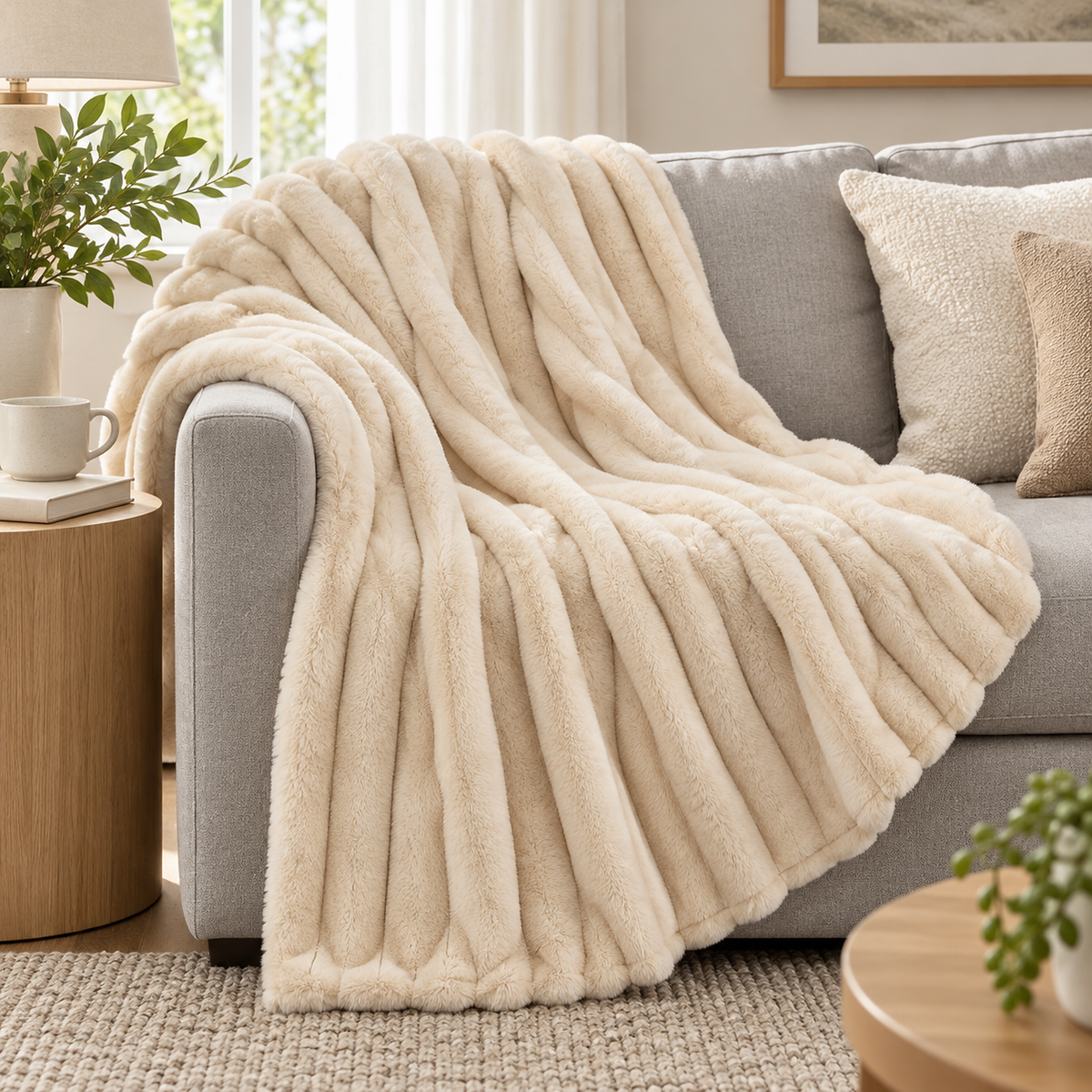 Sorelvi beige throw blanket for couch draped loosely over a sofa arm, ribs showing in the drape