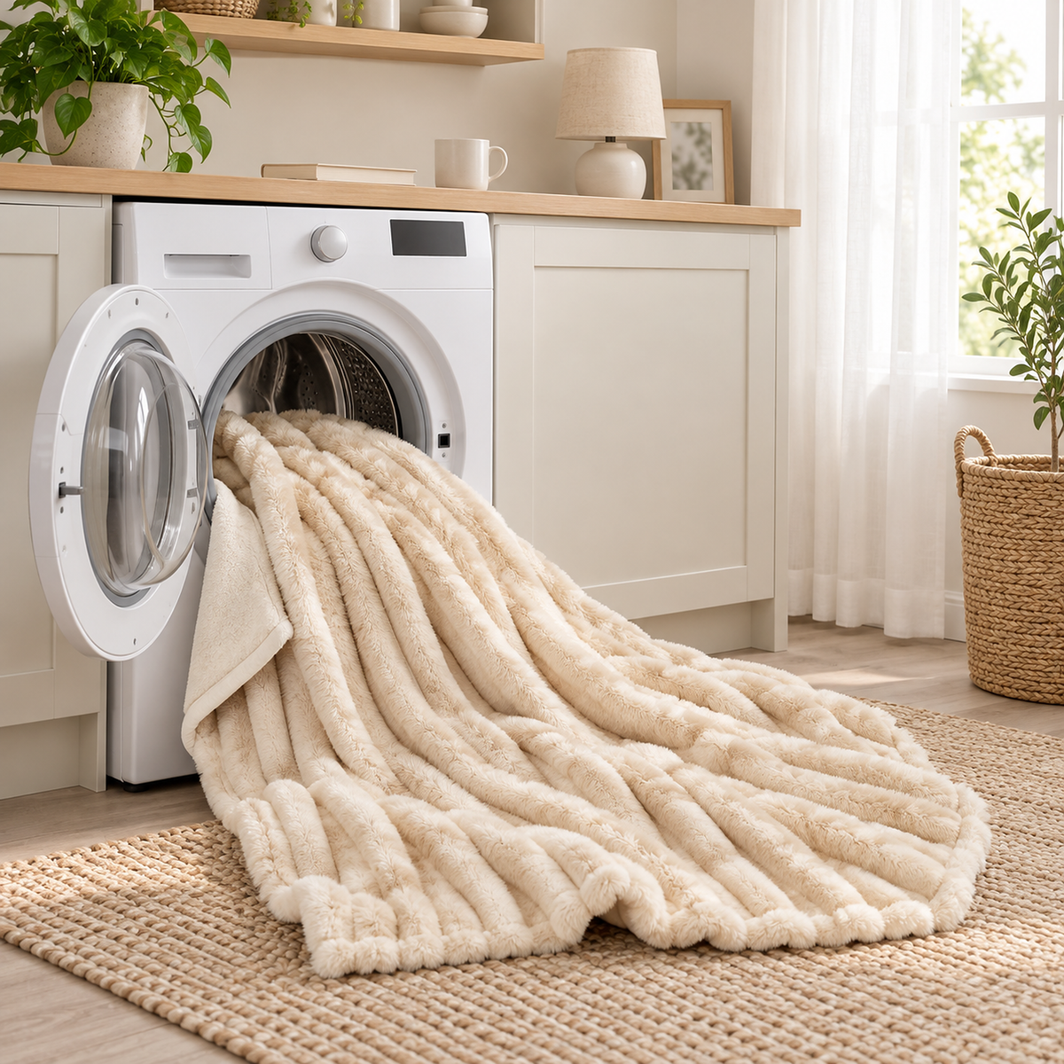 Sorelvi beige throw blanket ready for a cold gentle machine wash in a daylit utility room