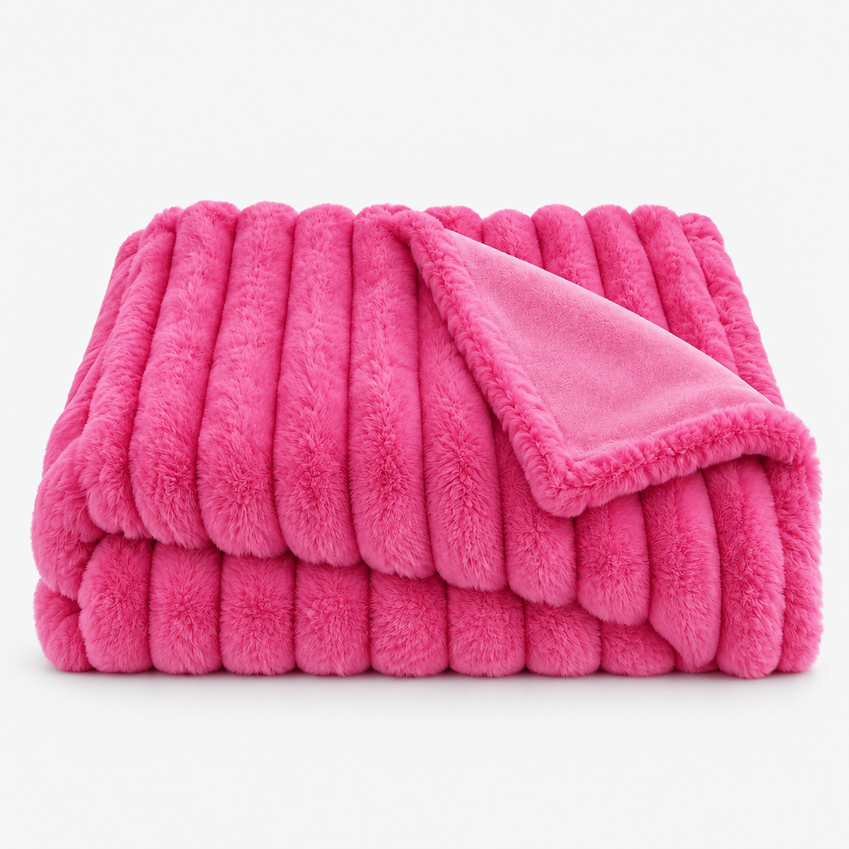 Sorelvi hot pink faux fur throw blanket folded on white with solid color raised ribs #color_hot pink