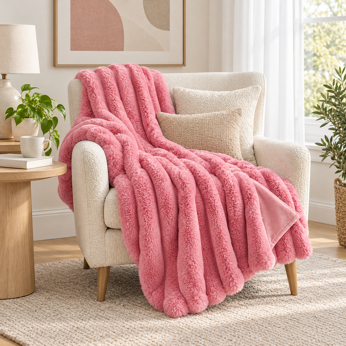 Sorelvi hot pink soft throw blanket draped over ivory seating in a pink sitting alcove #color_hot pink