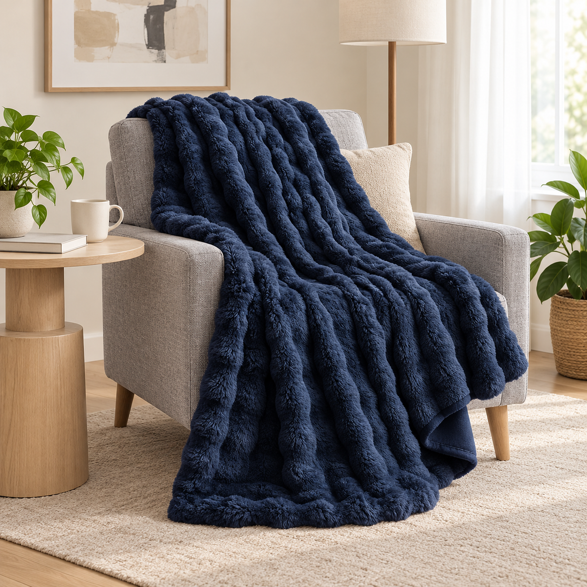 Sorelvi navy blue plush throw blanket draped on an armchair in a navy reading corner #color_navy blue