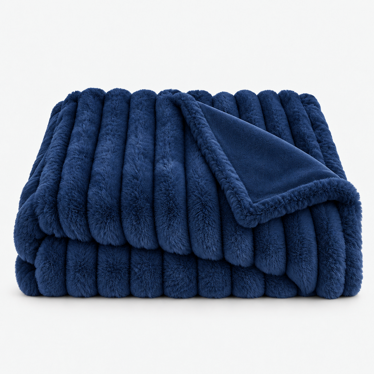 Sorelvi navy blue soft throw blanket folded on white showing the raised striped faux fur #color_navy blue