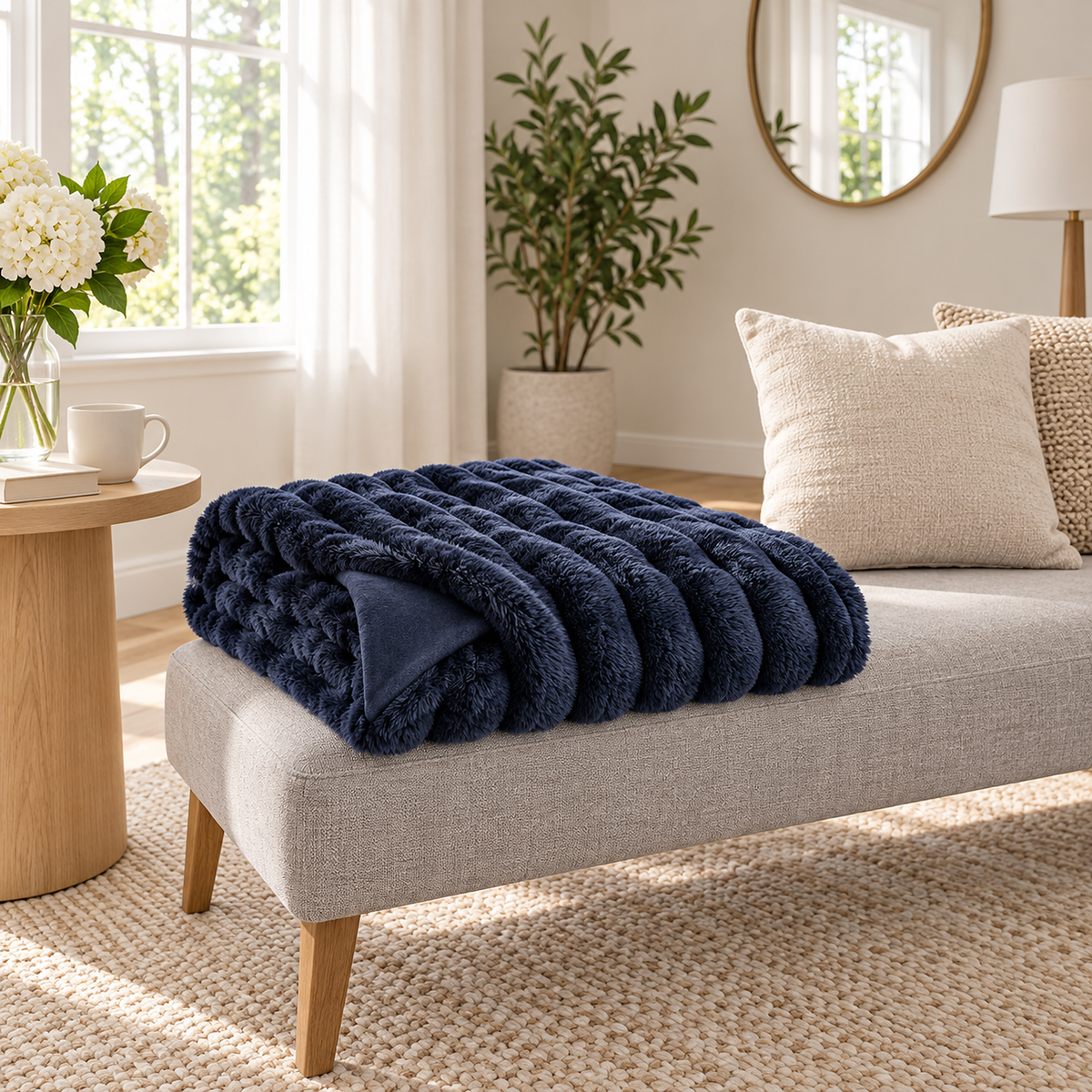 Sorelvi navy blue throw blanket for couch loosely folded on an upholstered bench by the entry #color_navy blue