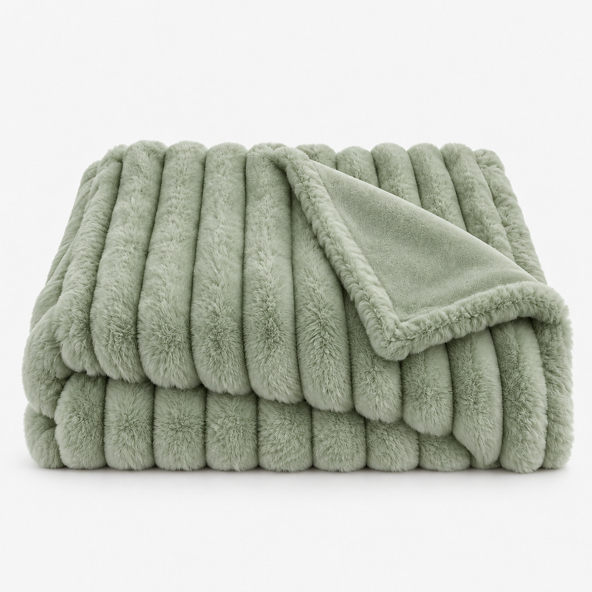 Sorelvi sage green soft throw blanket folded on white with its raised striped faux fur face #color_sage green
