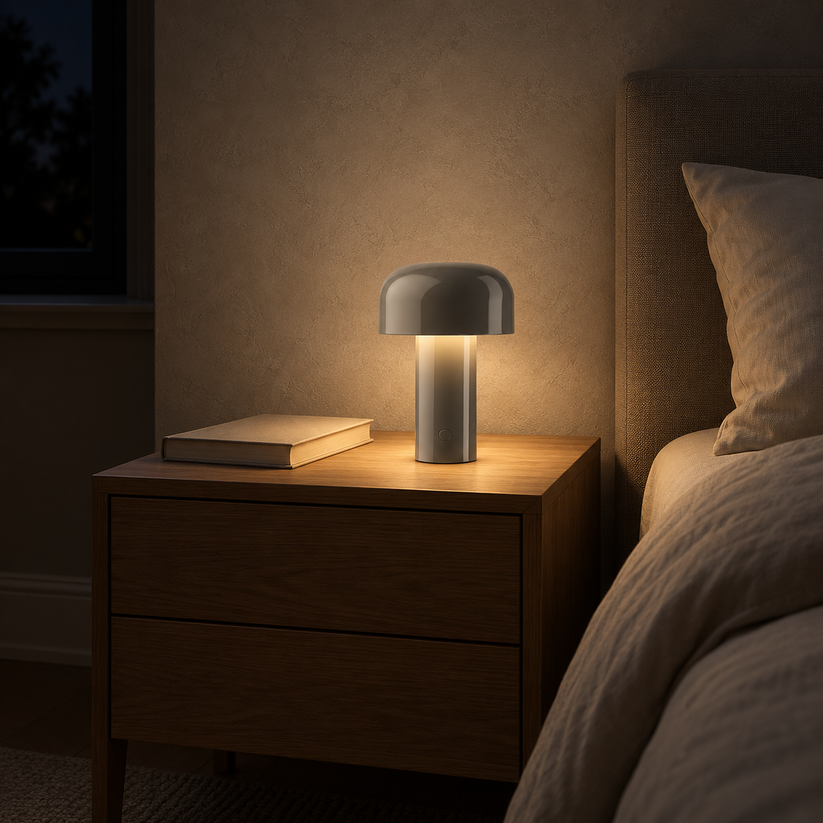 Sorimel gray bedside lamp making a sheltered pool of light in a bedroom at night #color_gray