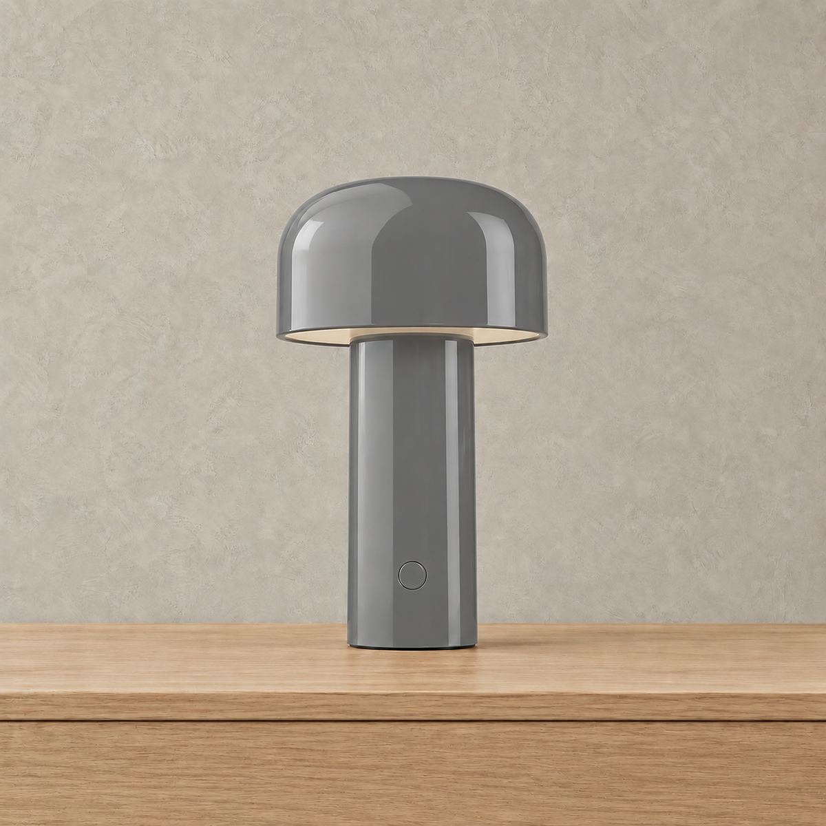 Sorimel gray portable table lamp, unlit, with matching shiny gray cap and body #color_gray