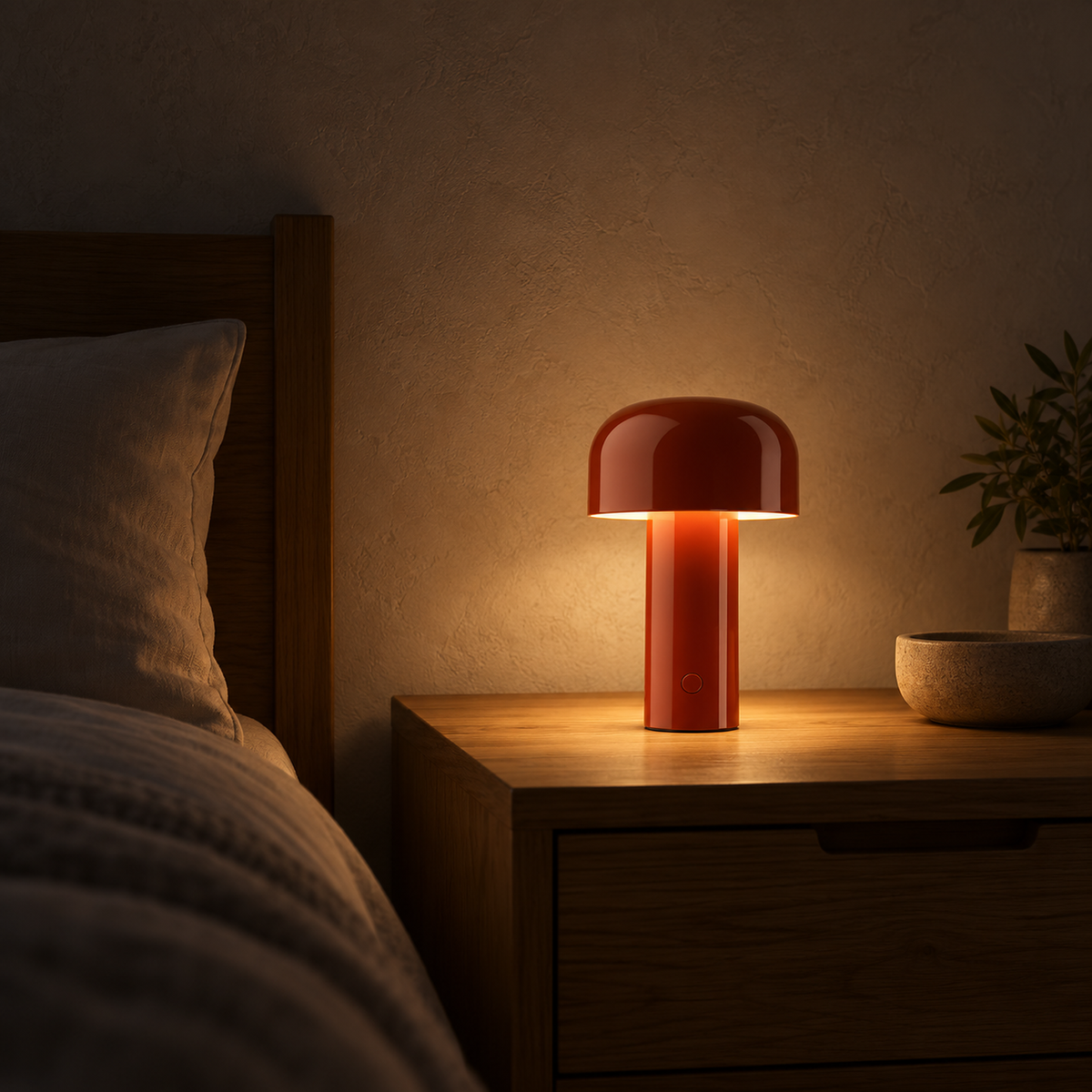 Sorimel red battery operated table lamp as a night light, glow kept beneath the cap in a guest bedroom at night