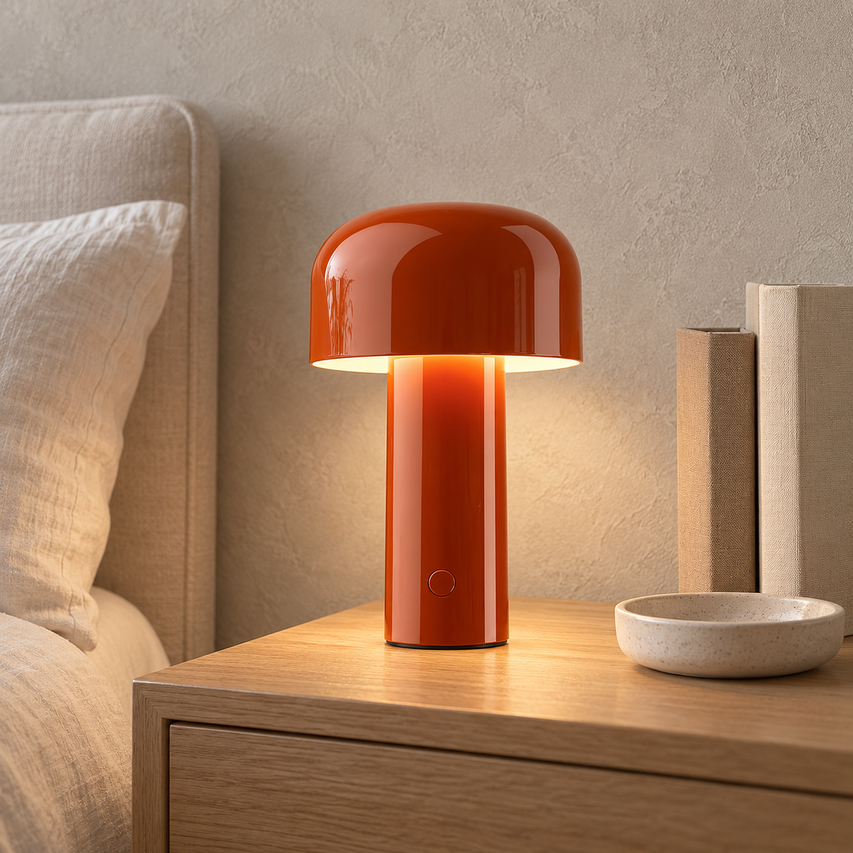 Sorimel red bedside lamp glowing beside books on a compact nightstand in a bedroom by day
