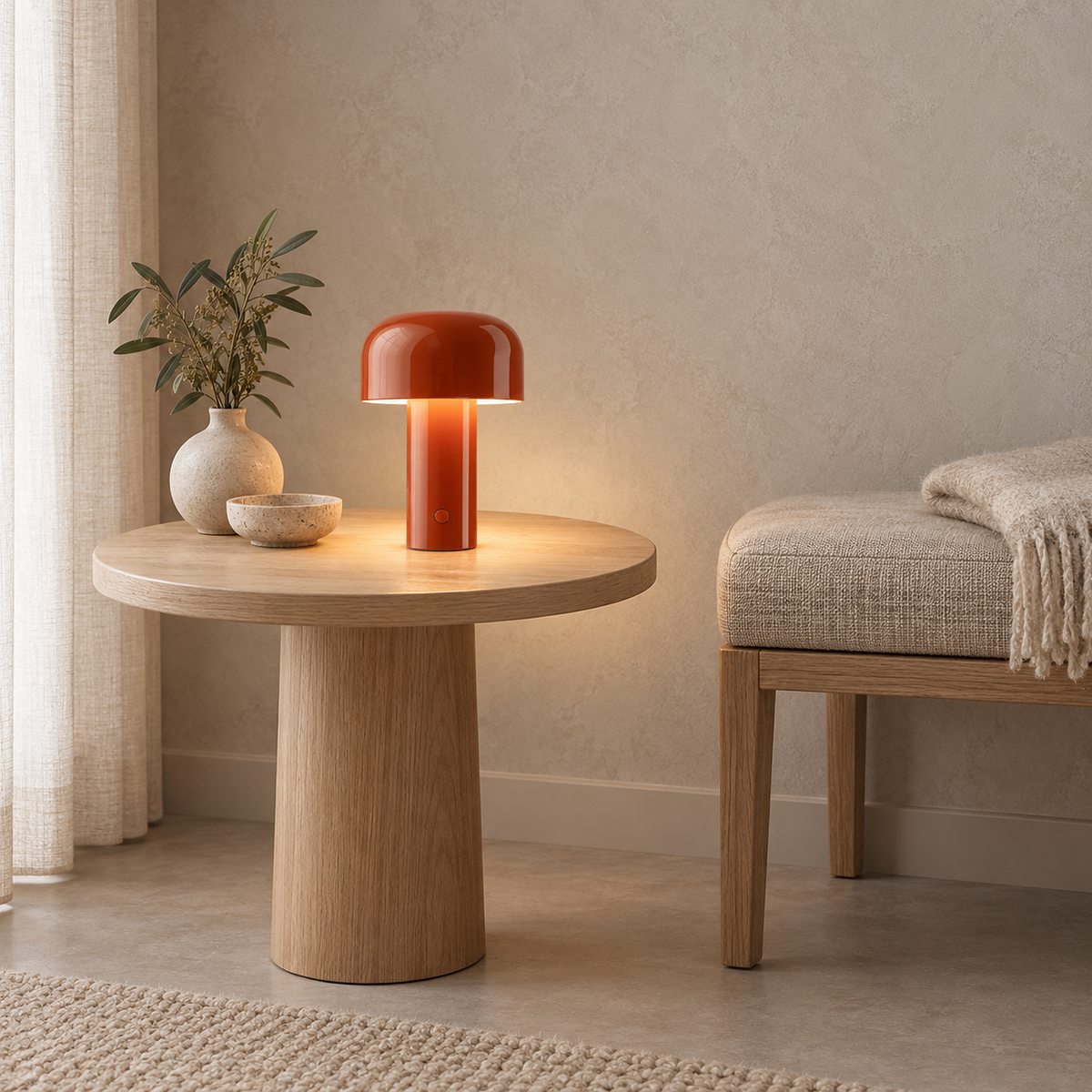 Sorimel red cordless table lamp glowing on a freestanding dressing table by day