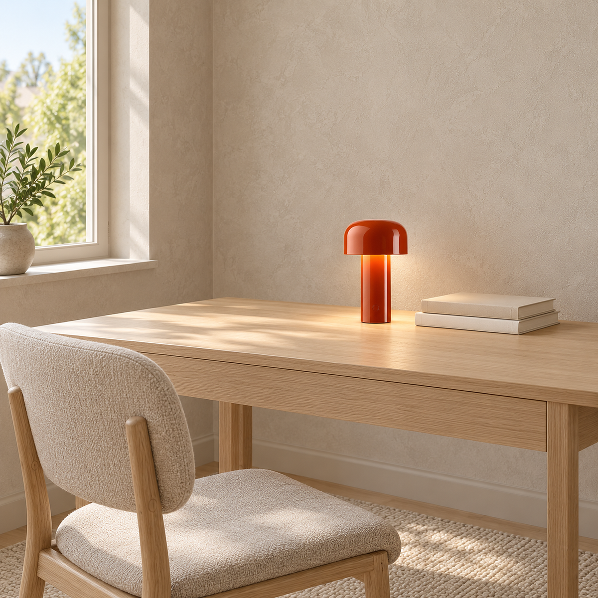Sorimel red portable table lamp on a home office desk, leaving clear space beside books