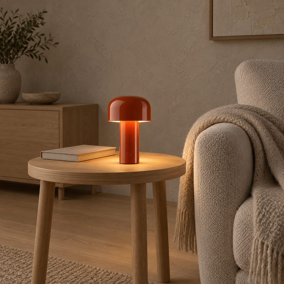 Sorimel red rechargeable table lamp beside an oatmeal armchair in a living room