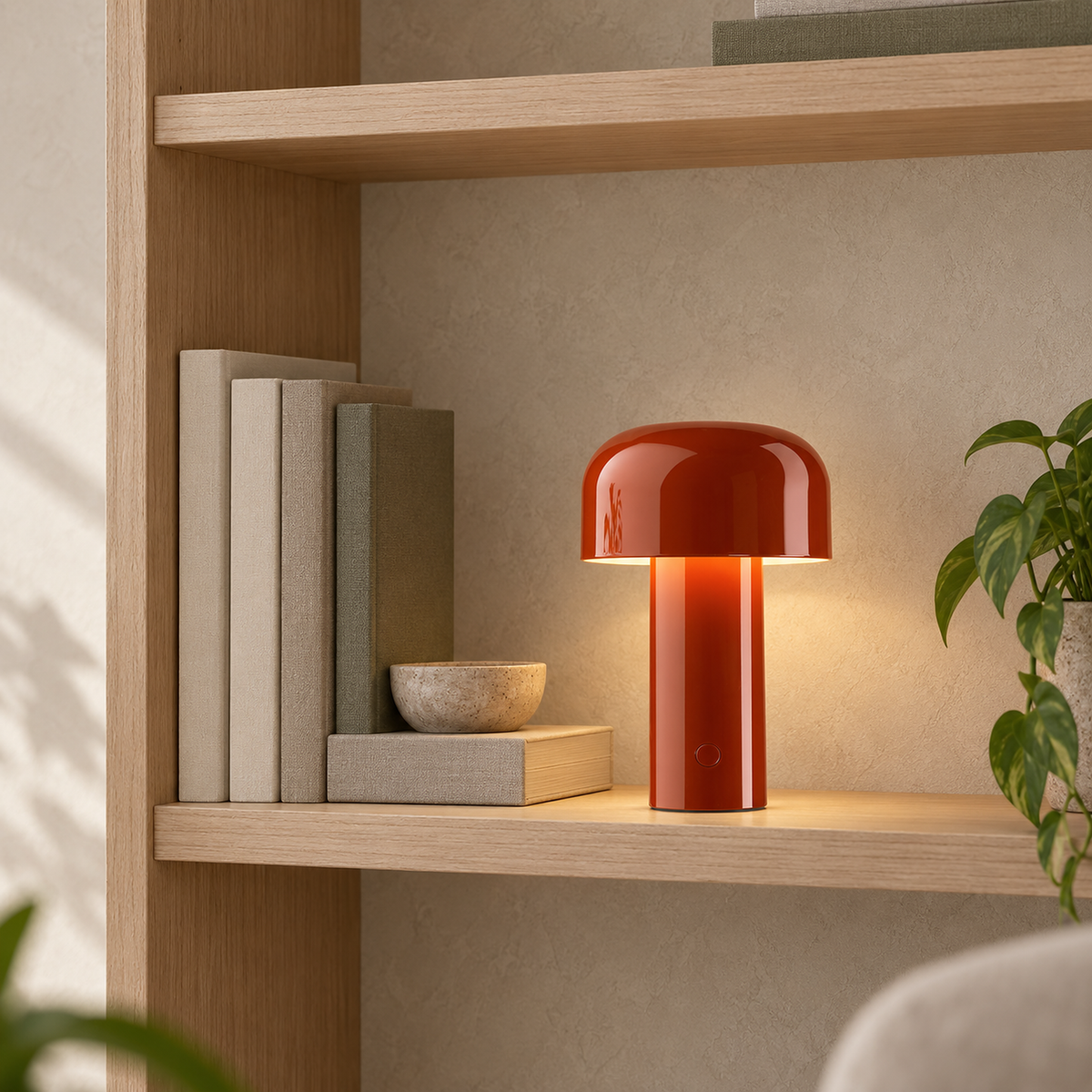 Sorimel red rechargeable table lamp glowing on a shelf with books in a library nook by day