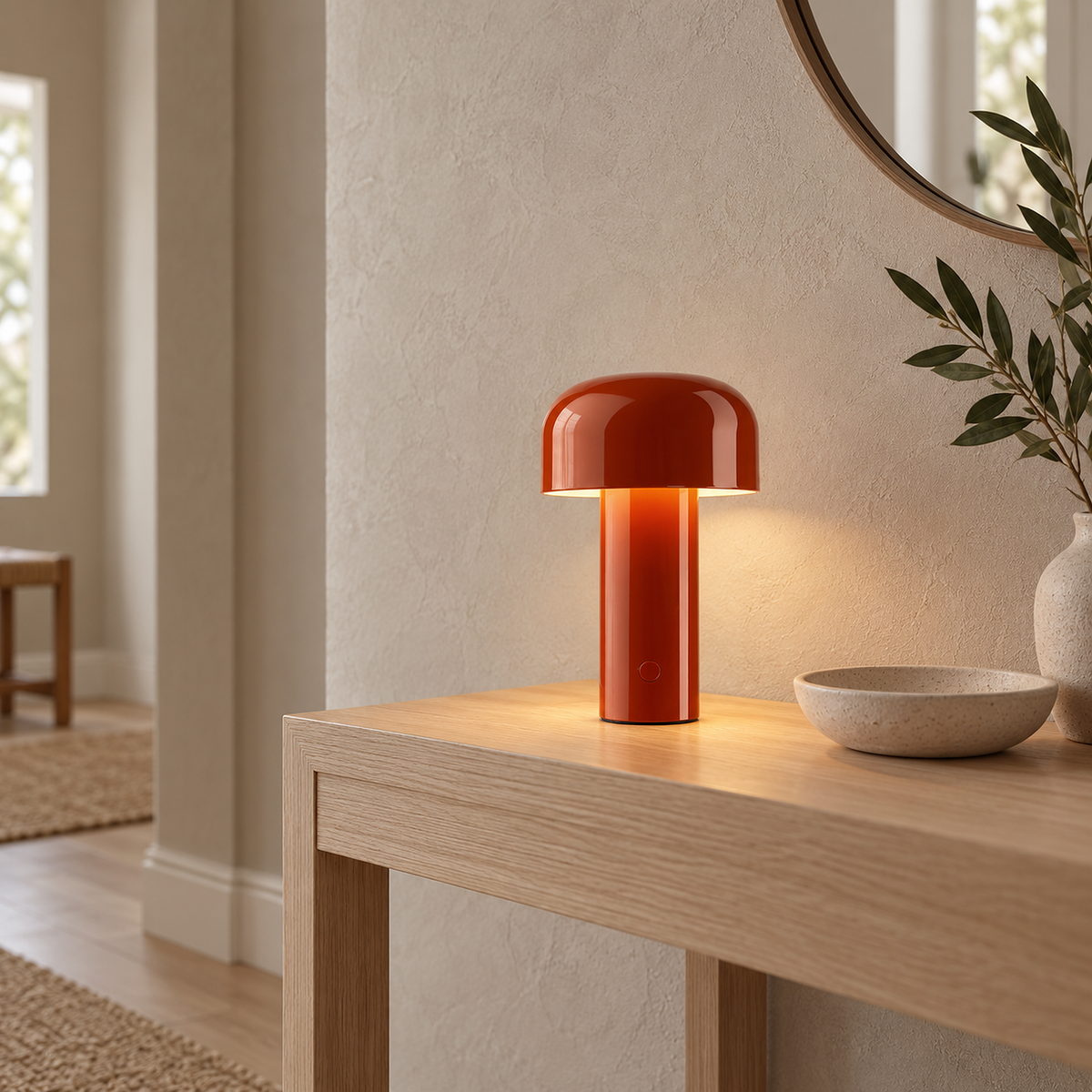 Sorimel red table lamp in an entryway, showing the control button and flat base