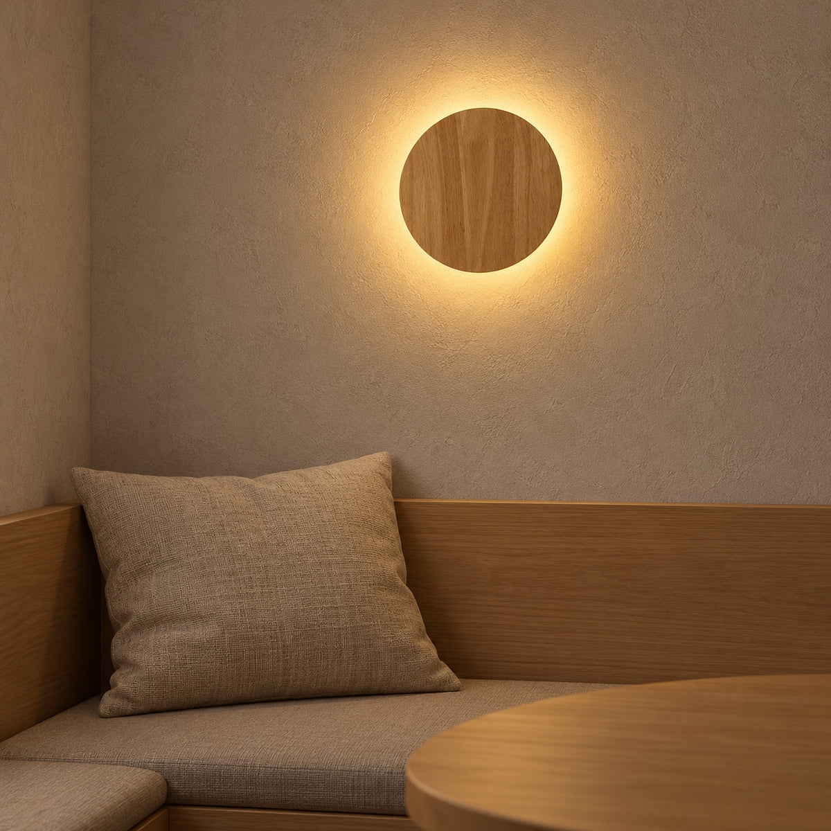 Sorivan light brown battery operated wall sconce lit above a wool cushion corner in a breakfast nook