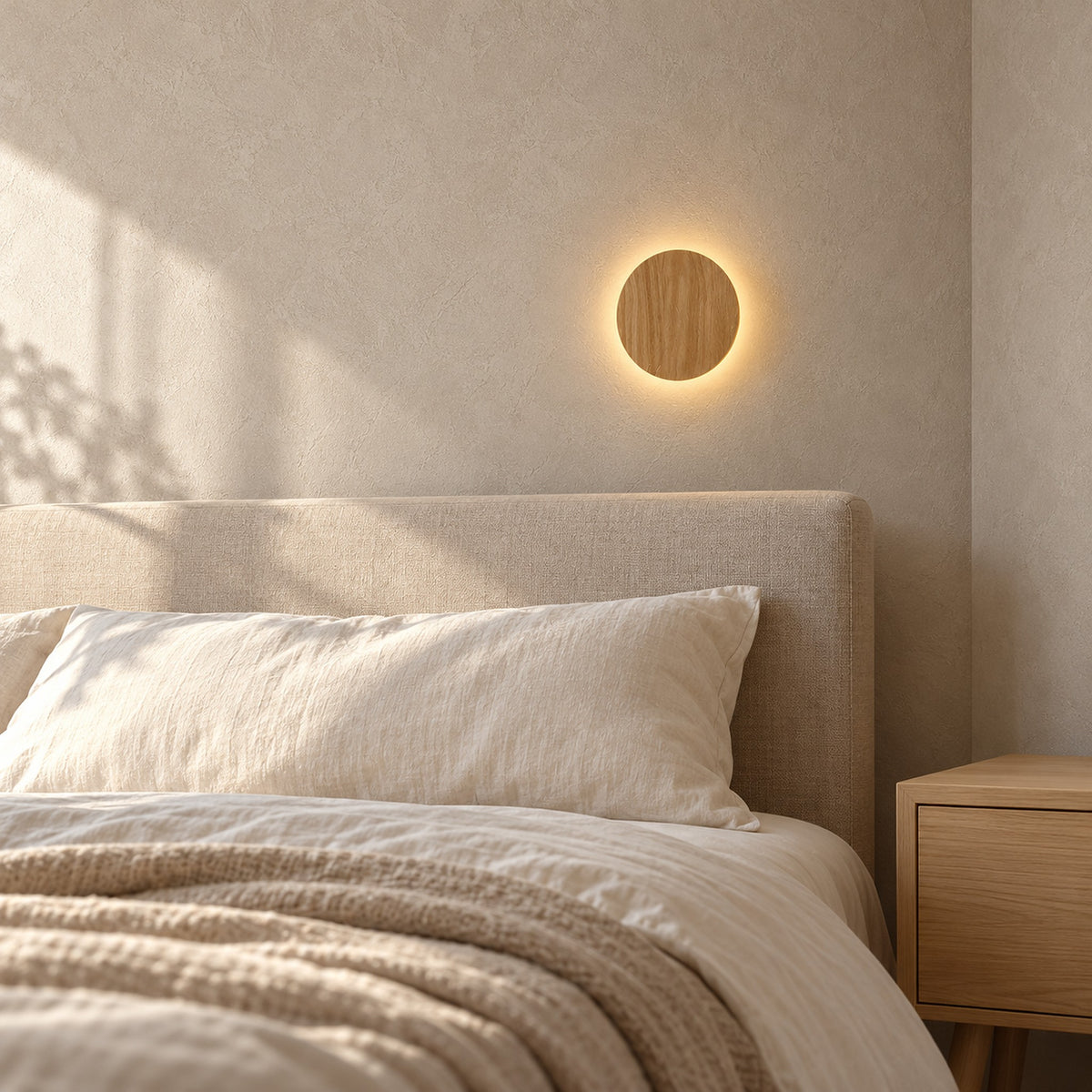 Sorivan light brown bedside wall light above pillows beside a clear nightstand in a bedroom
