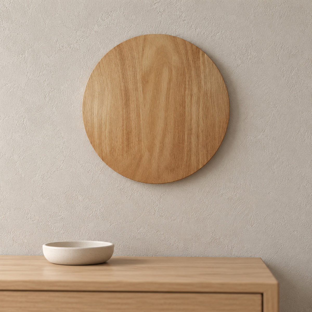 Sorivan light brown rechargeable wall sconce close up showing the wood grain face and circular edge