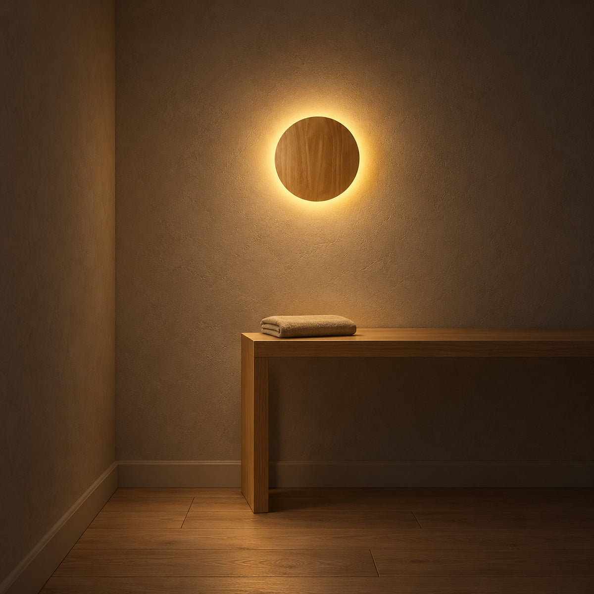Sorivan light brown wall light with a warm halo glowing in a hallway at night