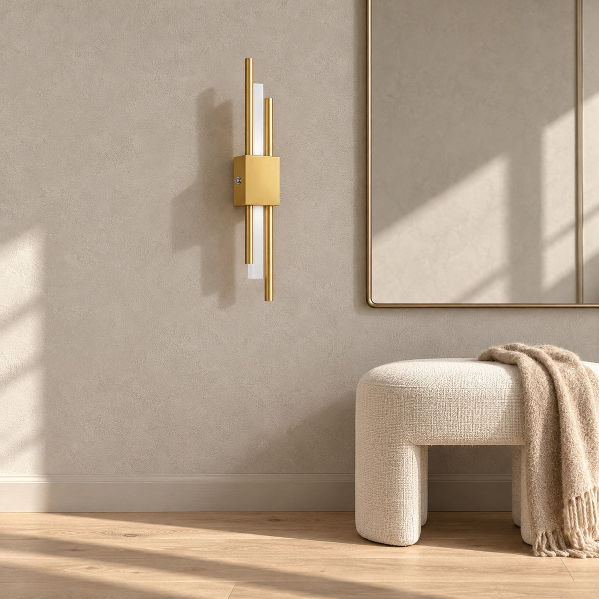 Sorlimo gold and white battery operated wall sconce unlit in a sunny bedroom dressing corner