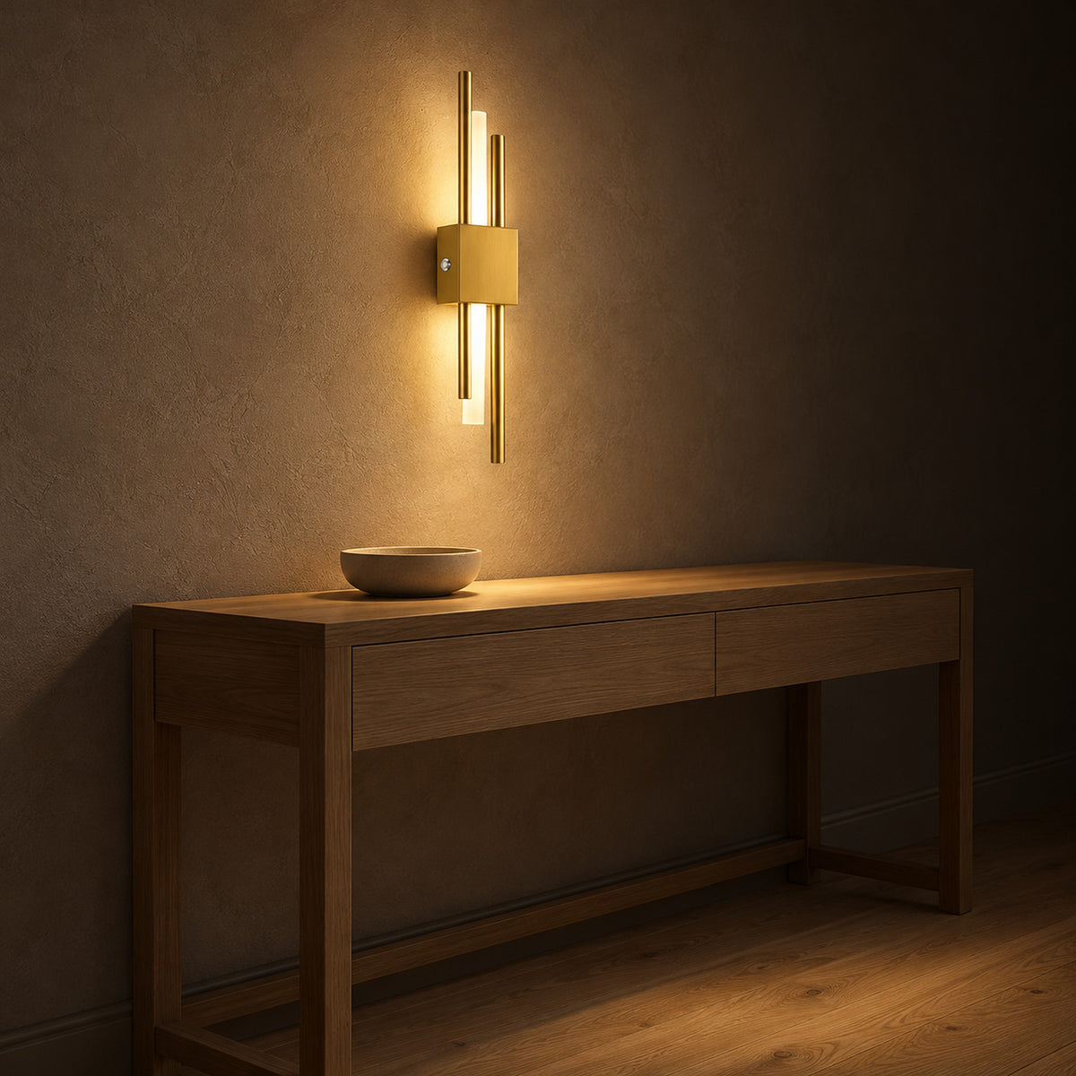Sorlimo gold and white LED wall sconce lighting entryway plaster with warm white light at night