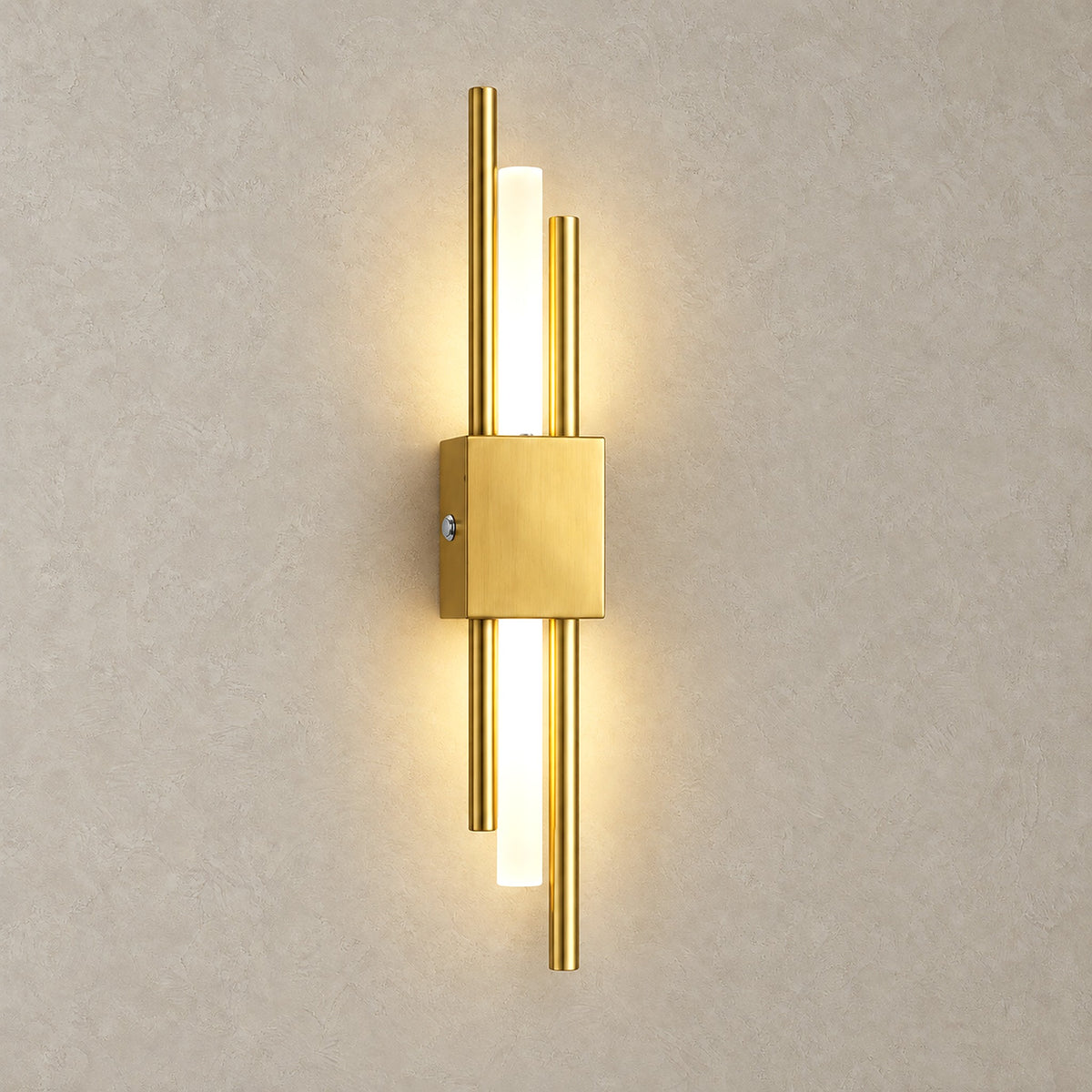 Sorlimo gold and white rechargeable wall sconce, left side higher model lit on a plain backdrop