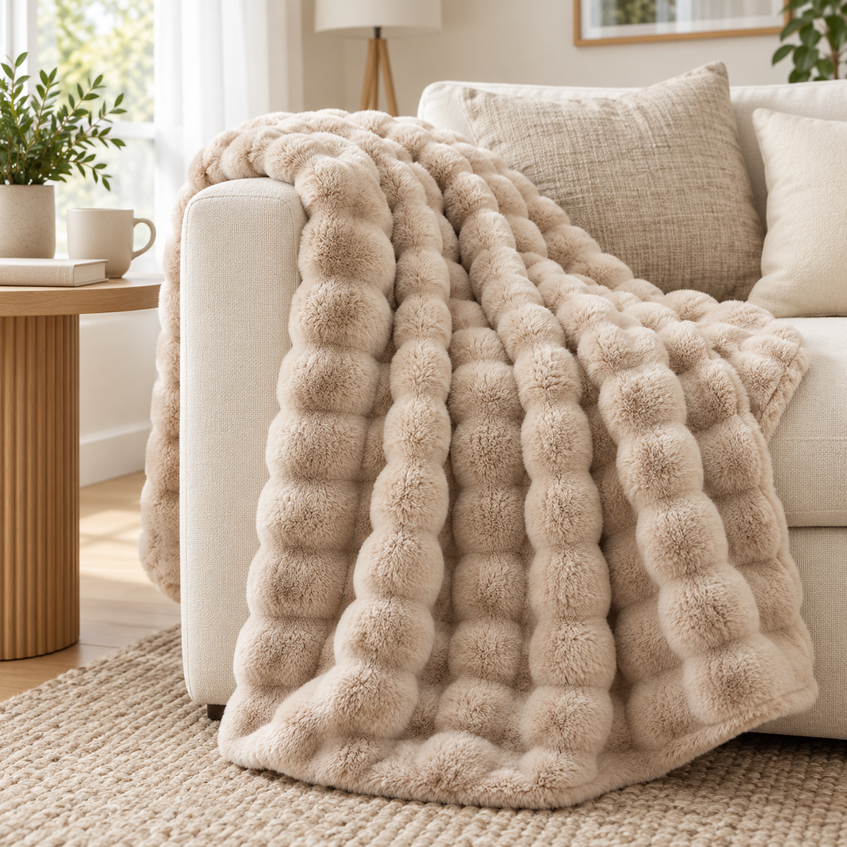Sorvila beige throw blanket for couch folded over an ivory sofa arm in a daylit living room