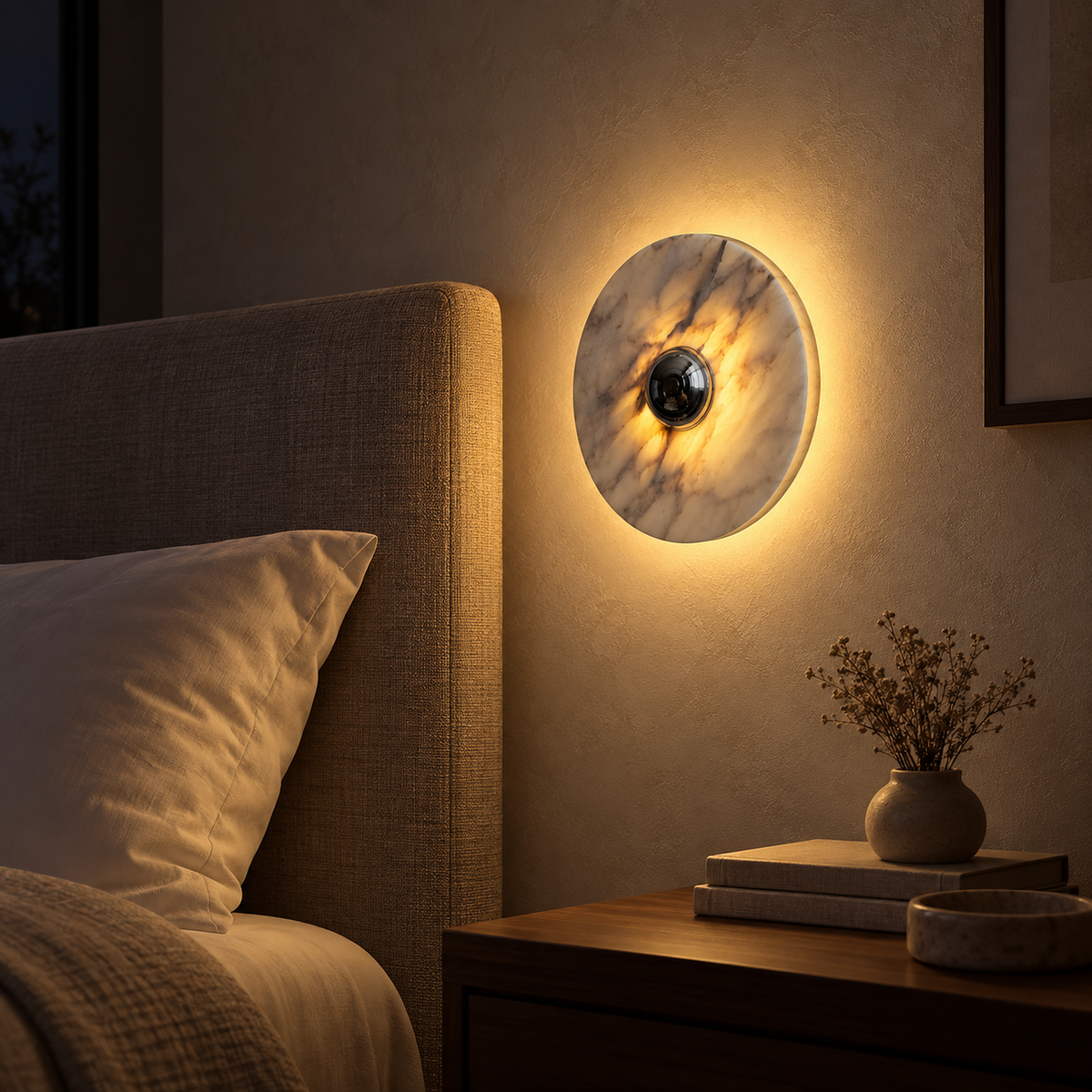 Talemio chrome LED wall sconce with warm light passing through marble beside a headboard