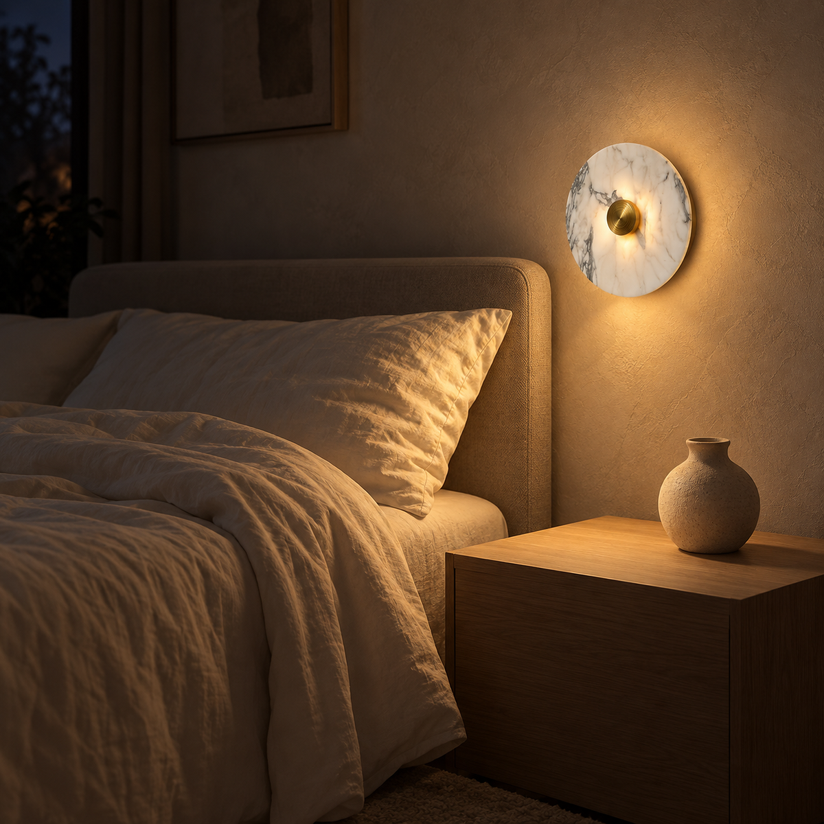 Talemio gold bedside lamp casting warm evening light on the bedroom wall #color_gold