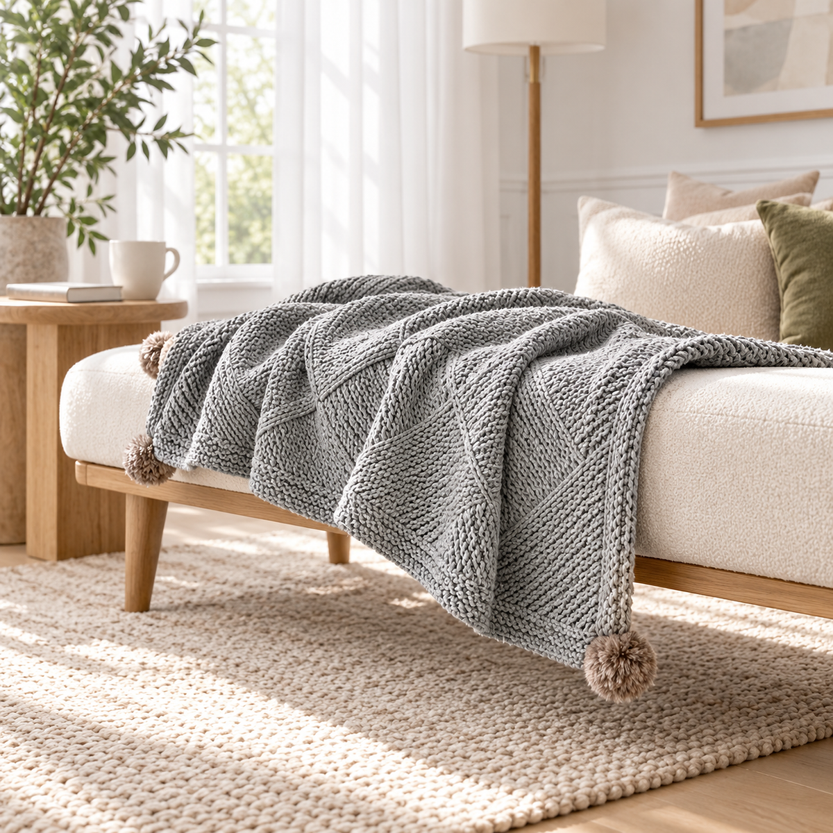 Talenvo acrylic throw blanket for couch in light gray, folded layers seen at cushion height on a bench
