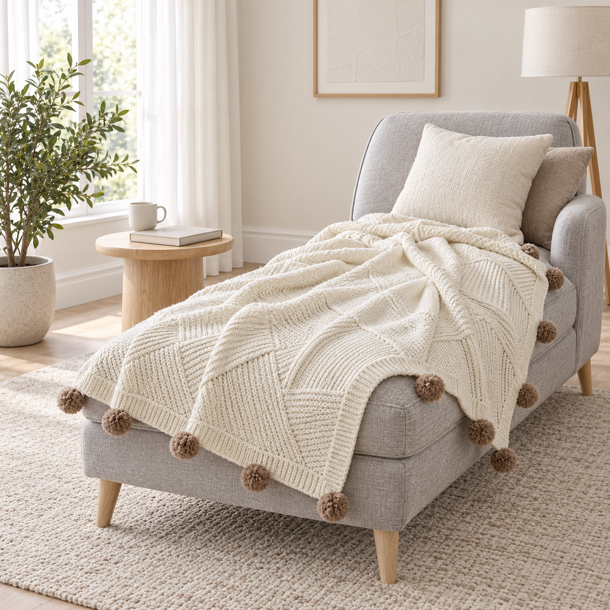 Talenvo soft throw blanket in beige, laid across a chaise ready for reading #color_beige