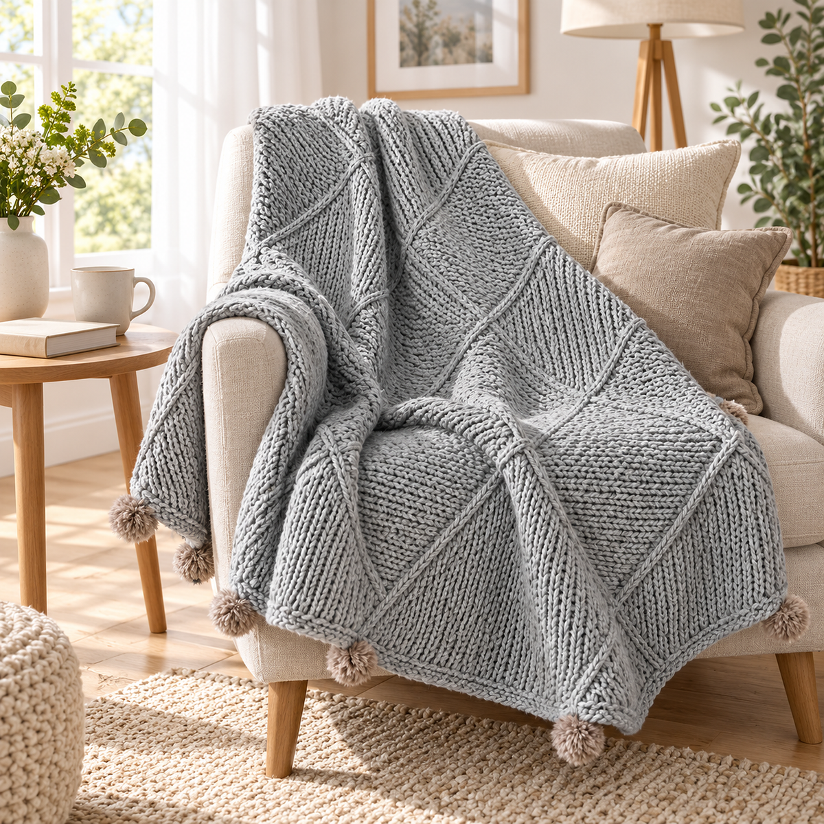Talenvo soft throw blanket in light gray acrylic, knit panels opened across a padded seat