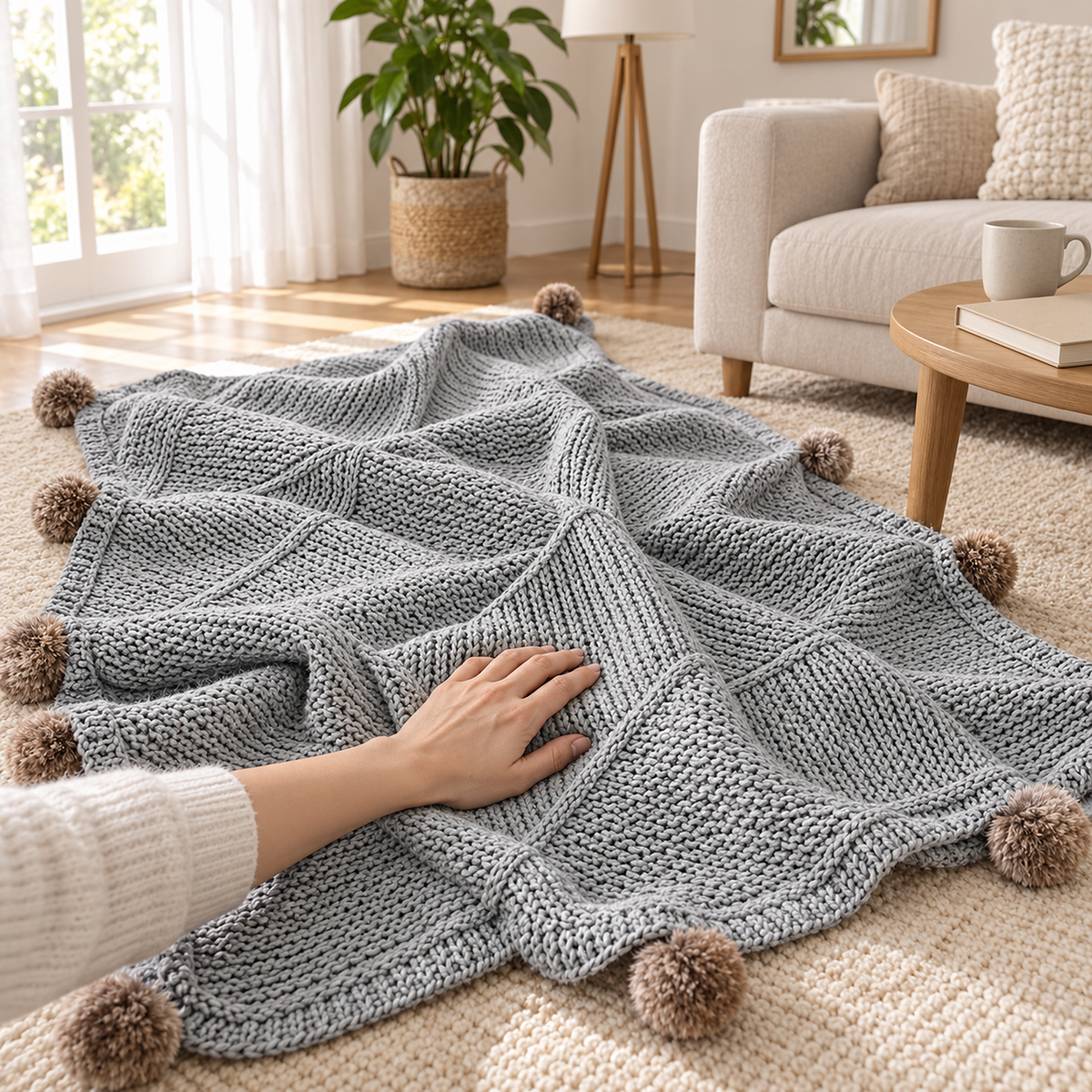 Talenvo soft throw blanket in light gray, gently pressed by an adult hand