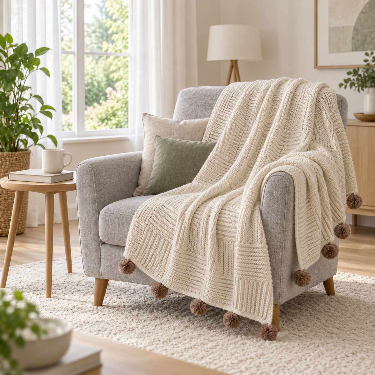 Talenvo throw blanket for couch in beige, draped over the back of a light gray armchair #color_beige