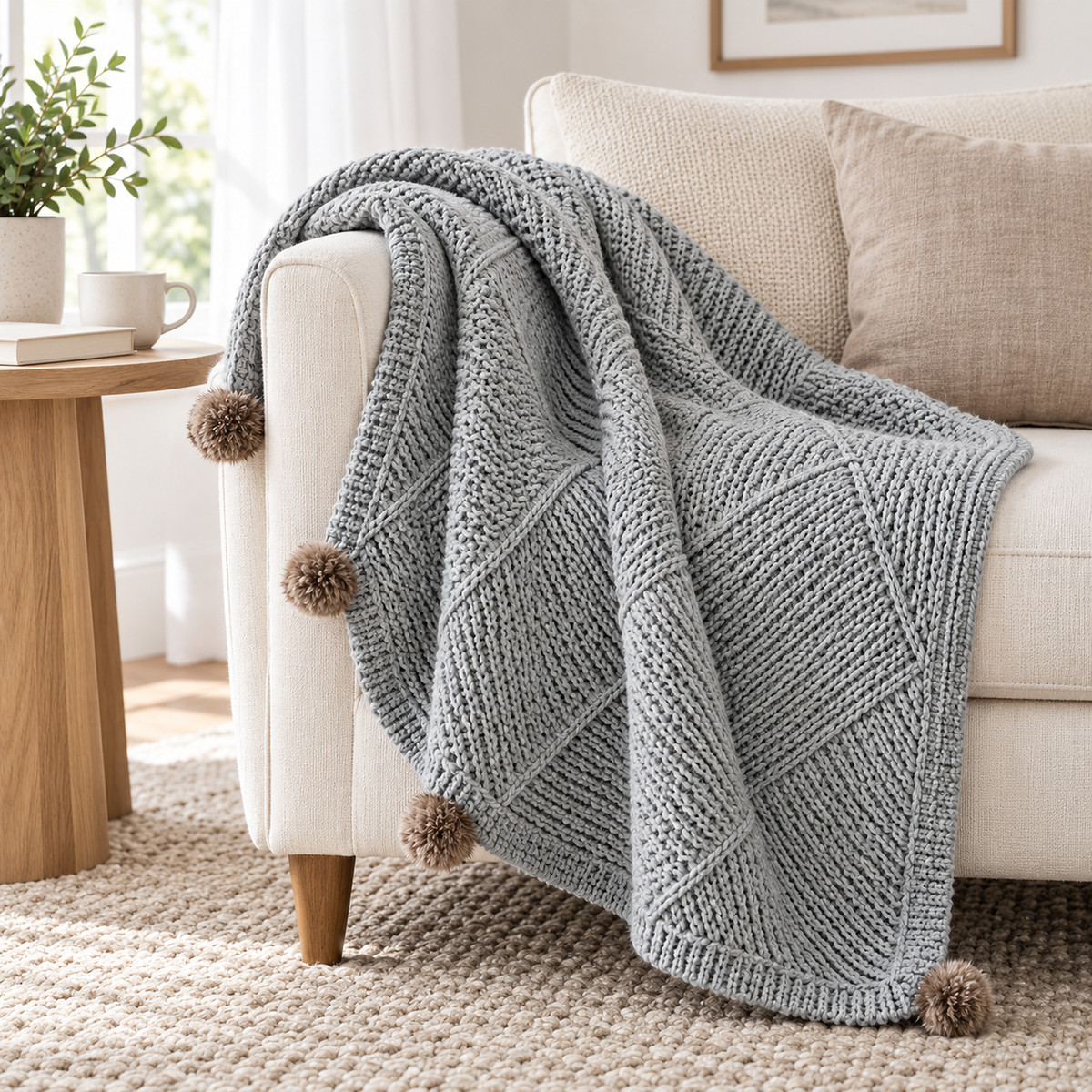 Talenvo throw blanket for couch in light gray, folded over the arm of an ivory armchair